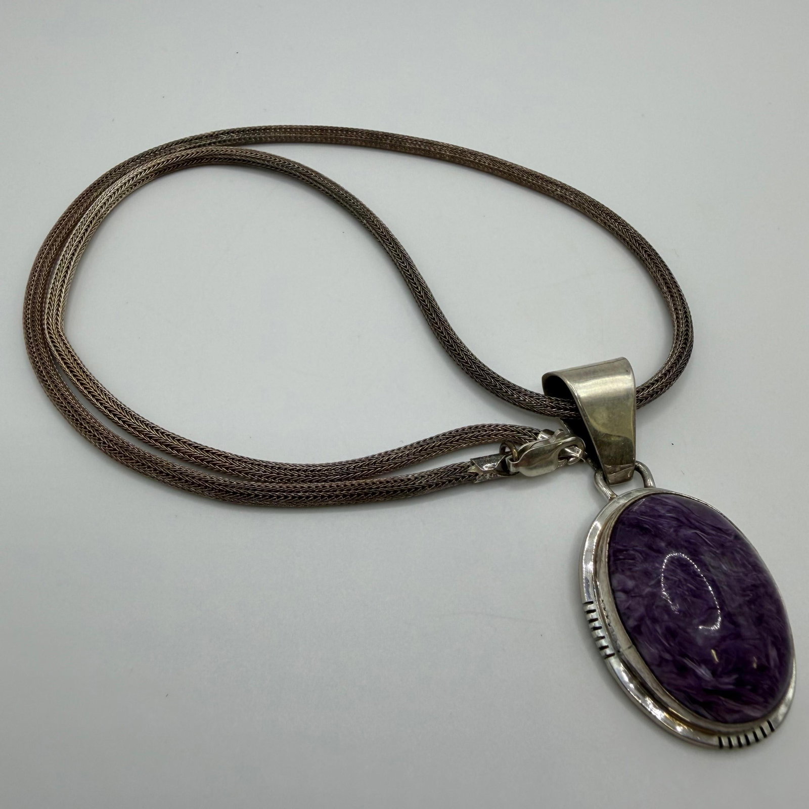 Oval Purple Charoite Pendant and Mesh Snake Weave Style Chain Sterling Necklace AB4 (1 of 6)