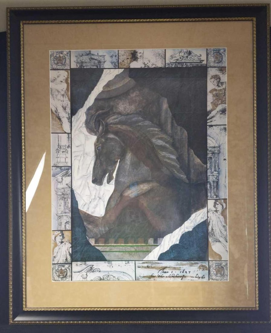 Large Dark Black Horse Print Roman Chess: Here is a rather larger (is approx 43" x 2" x 51") print of a dark horse surrounded by mini prints of ancient roman statues and buildings. The print is not signed so the artist is unknown. Print is