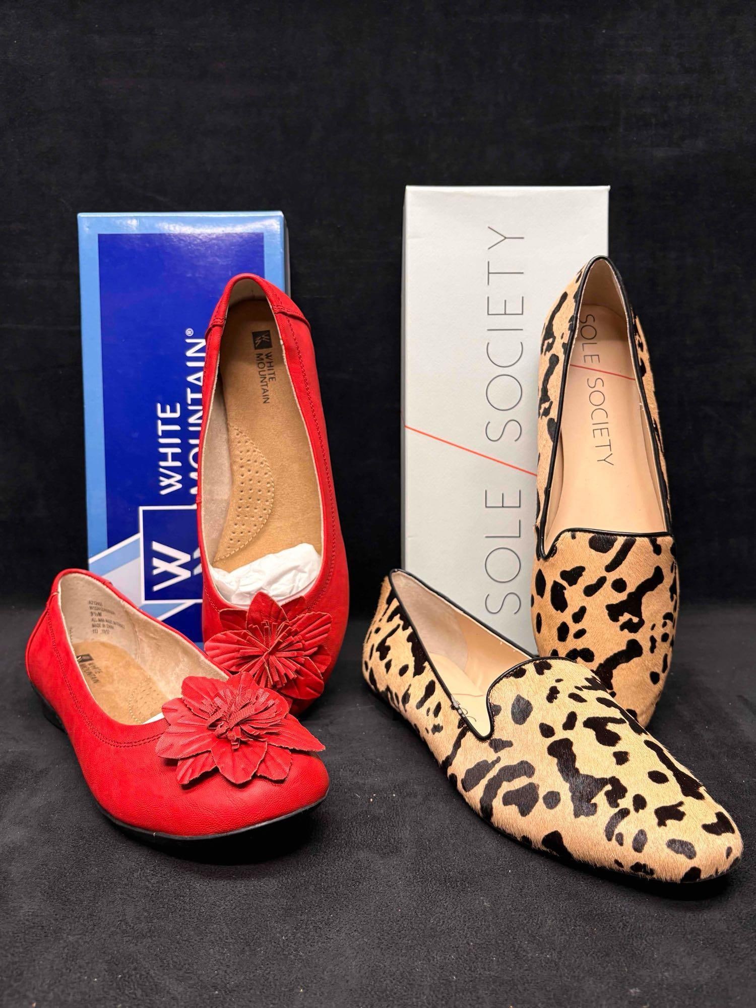 Sole Society Leopard Loafers and White Mountain Red Ballet Flats Bundle: Sitting in brand-new to like-new conditions, this bundle consists of orthopedic, comfort-focused Women's shoes. Still in their original boxes, both shoes are in good shape, the Sole Society loafer