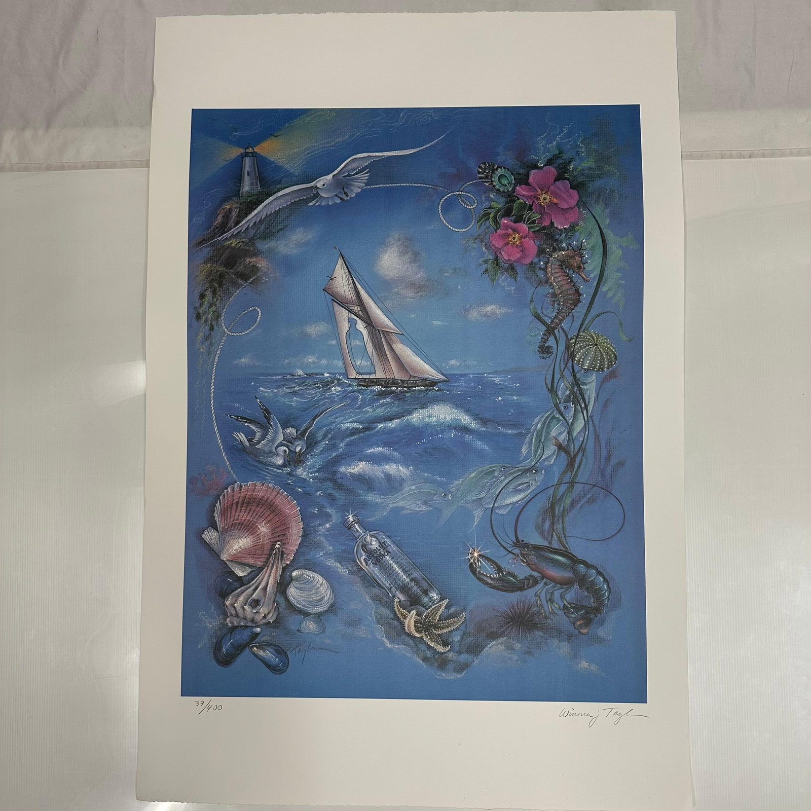 Signed and Numbered Absolut Vodka Statehood Rhode Island Winona Taylor Print 37/400: Limited edition Absolut Vodka “Statehood” lithograph print on paper. Features the iconic Absolut bottle incorporated into a stylized Rhode Island-themed landscape composition. Hand-signed 