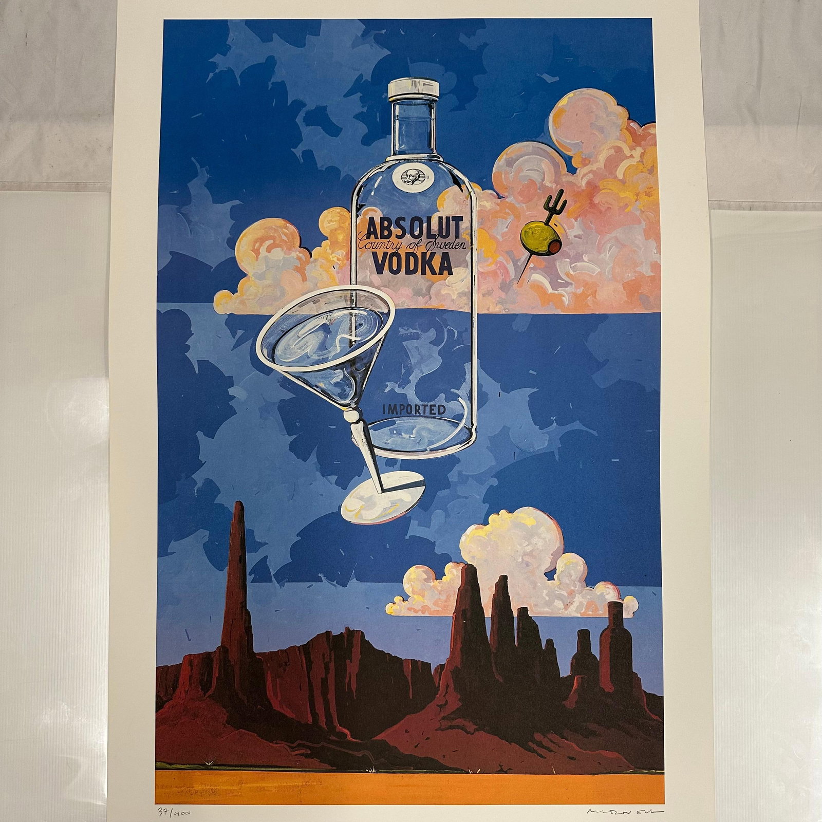 Absolut Vodka Statehood Arizona Mark McDowell Print Signed and Numbered: Limited edition Absolut Vodka “Statehood” lithograph print on paper. Features the iconic Absolut bottle incorporated into a stylized Arizona-themed landscape composition. Hand-signed by