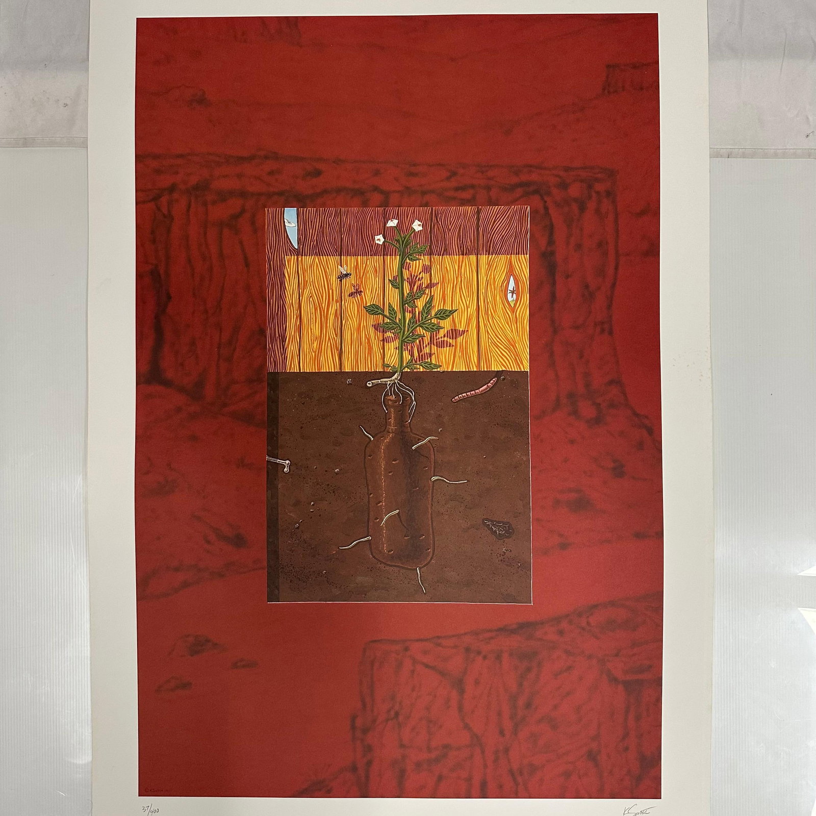 Absolut Vodka Statehood Print Idaho Kevin Smith Hand Signed and Numbered 37/400: Limited edition Absolut Vodka “Statehood” lithograph print on paper. Features the iconic Absolut bottle set against a stylized Idaho-themed landscape. Hand-signed by the artist, Kevin