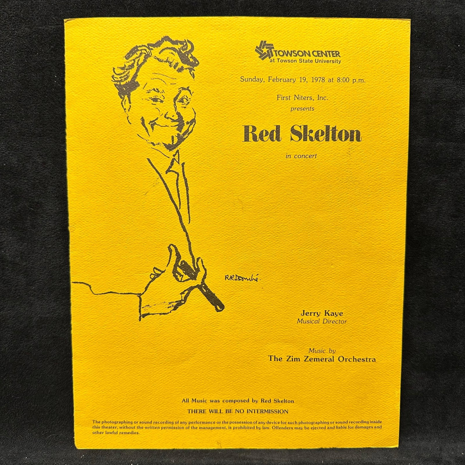 1978 Red Skelton Concert Program Paper Collectible: Original vintage concert program for Red Skelton, presented Sunday, February 19, 1978, at the Towson Center at Towson State University. Yellow card stock program with illustrated cover, full event det