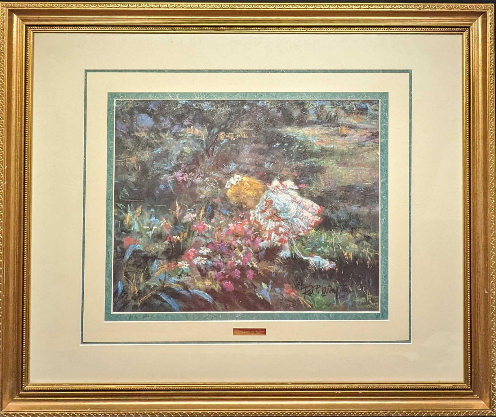 Framed Rol P. Lampitoc Precious Moment Print: Framed Rol P. Lampitoc Precious Moment Print. This is approx 35 3/4" x 1 1/4" x 30" and it weighs 12.60lbs. The print/visible image is approx 19" x 15 1/2". The frame has some chips and scratches. Ple