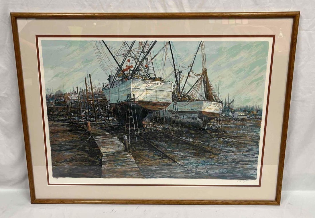 Signed & Numbered Serigraph "Dry Dock" By Schofield: This lot contains a Signed & Numbered Serigraph "Dry Dock" By Schofield. The frame is approx 33 1/4" x 44 3/4" while the artwork itself is approx 25 1/2" x 37". Total weight is 18.5lbs.