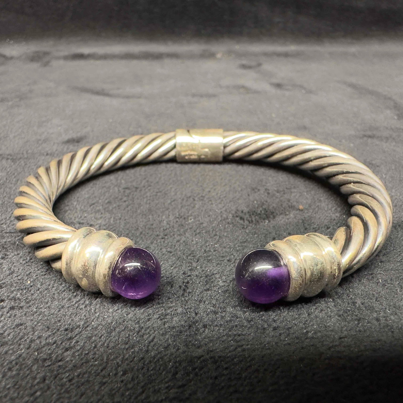 Sterling Silver Amethyst Cable Hinged Cuff Bangle Bracelet - 4