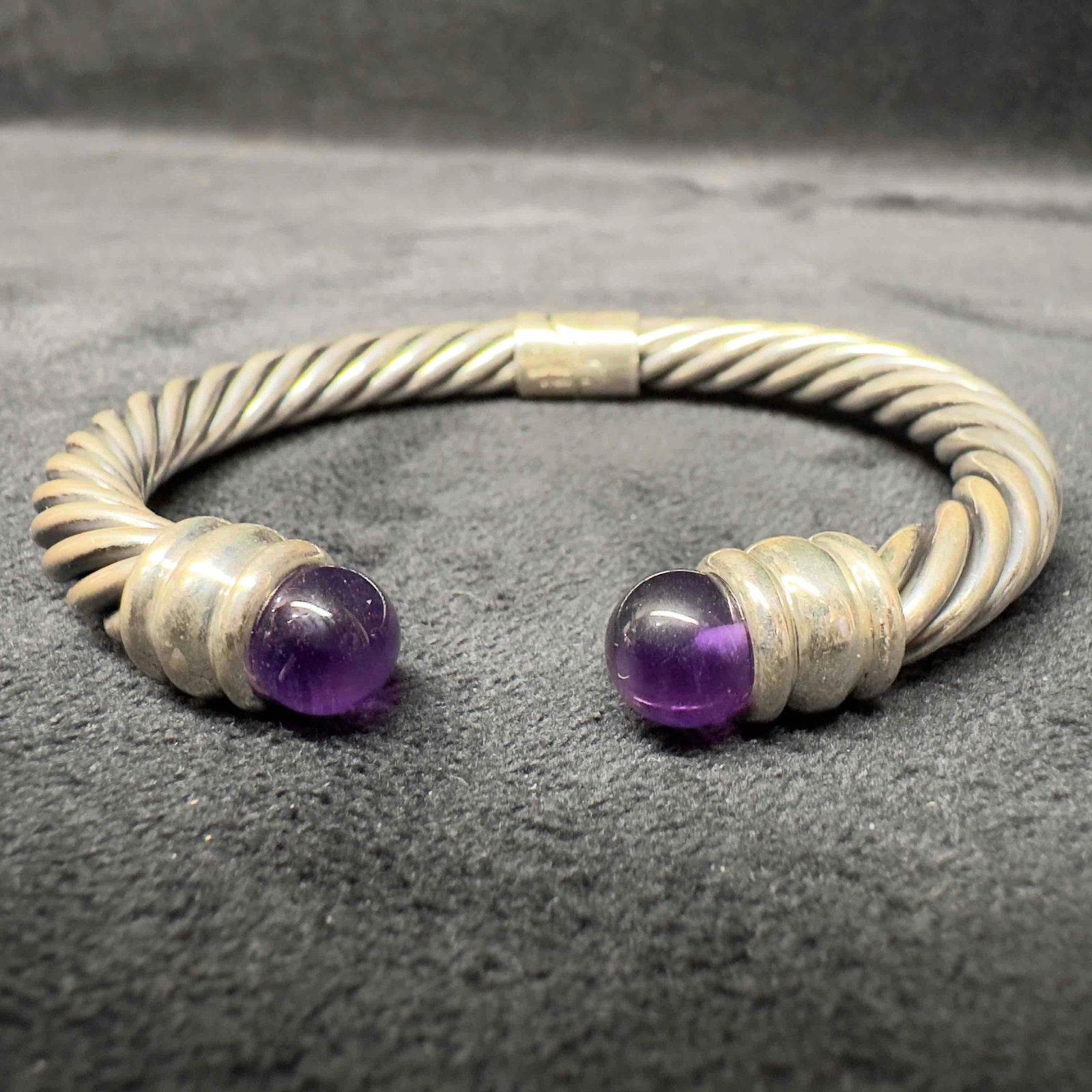 Sterling Silver Amethyst Cable Hinged Cuff Bangle Bracelet - 6