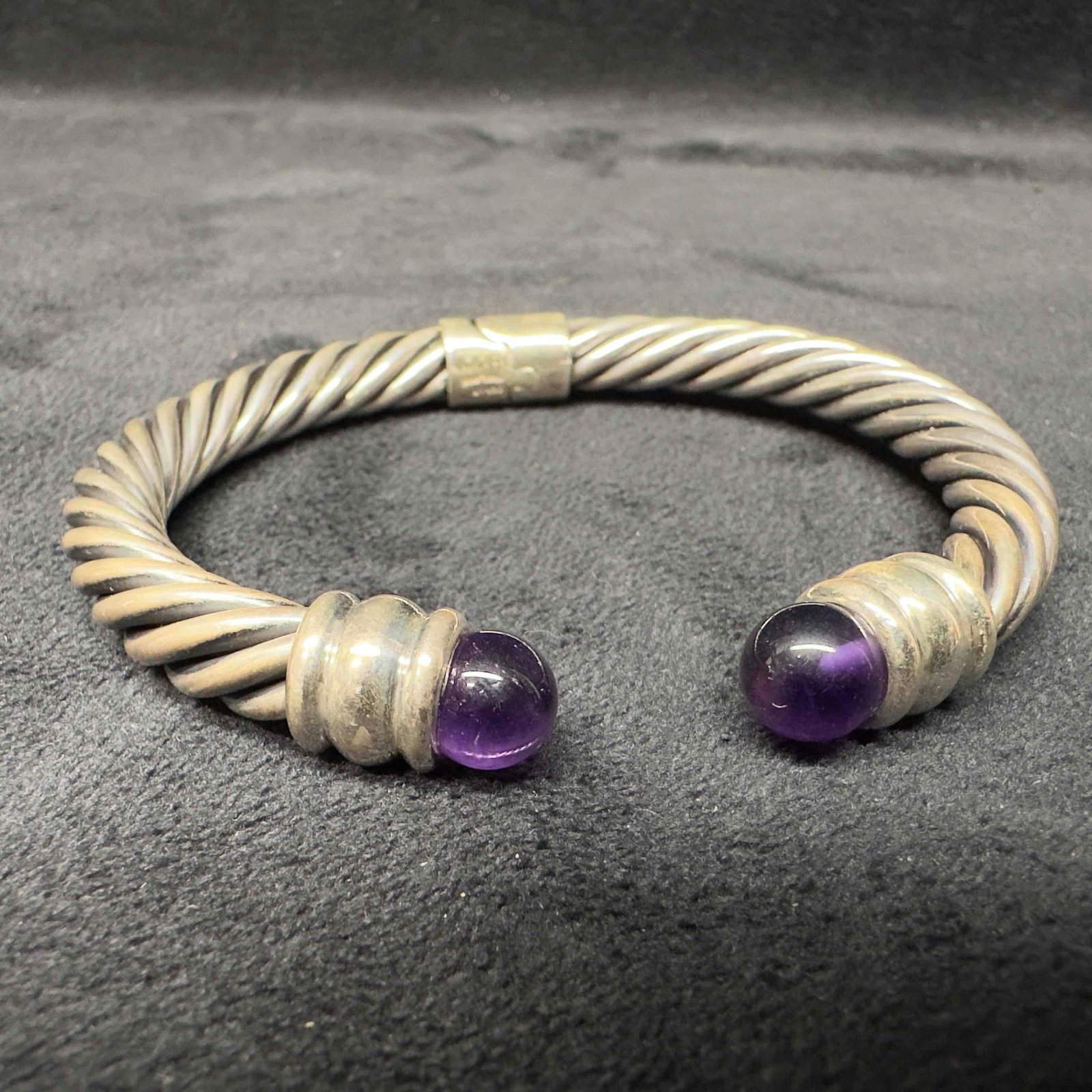Sterling Silver Amethyst Cable Hinged Cuff Bangle Bracelet - 7