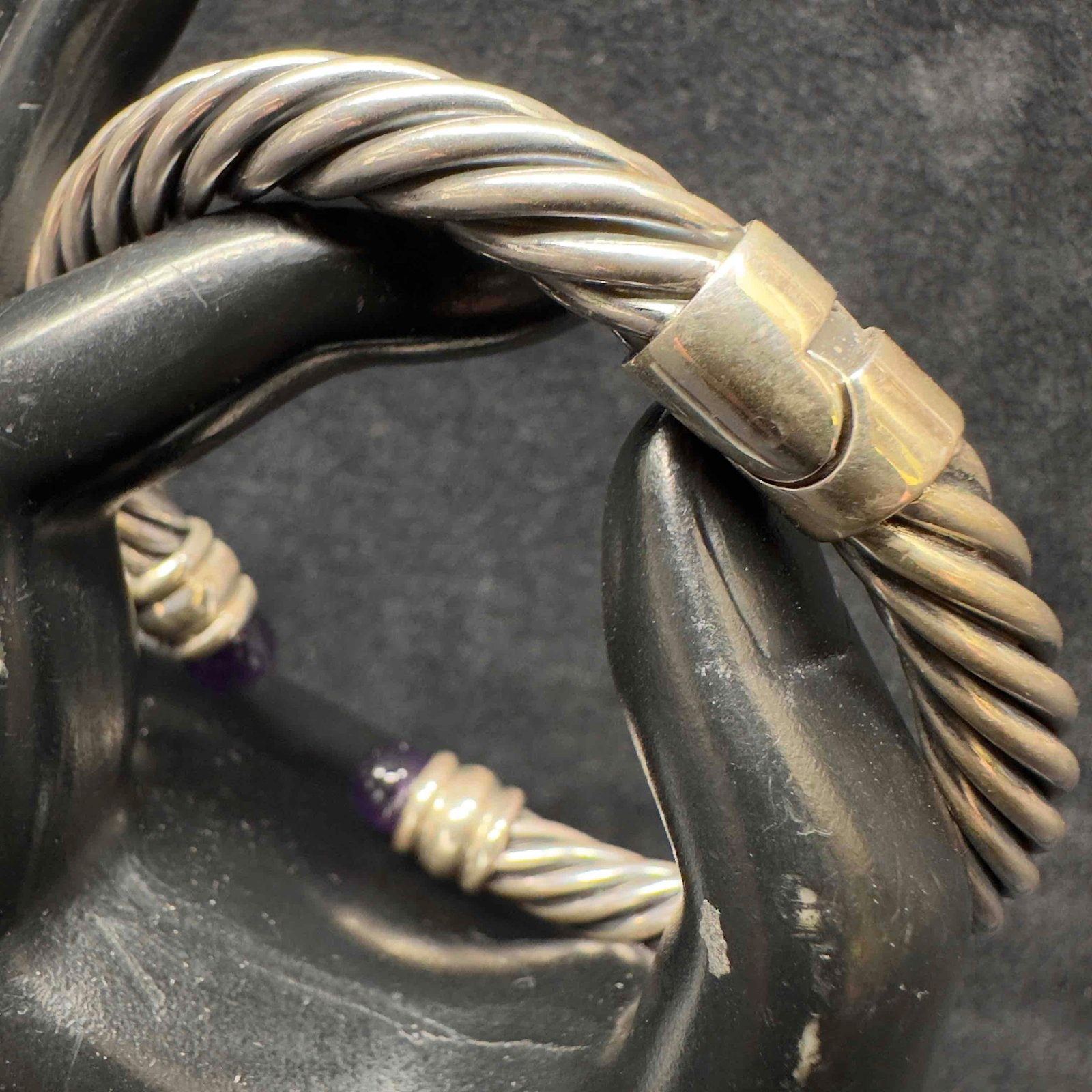 Sterling Silver Amethyst Cable Hinged Cuff Bangle Bracelet - 8