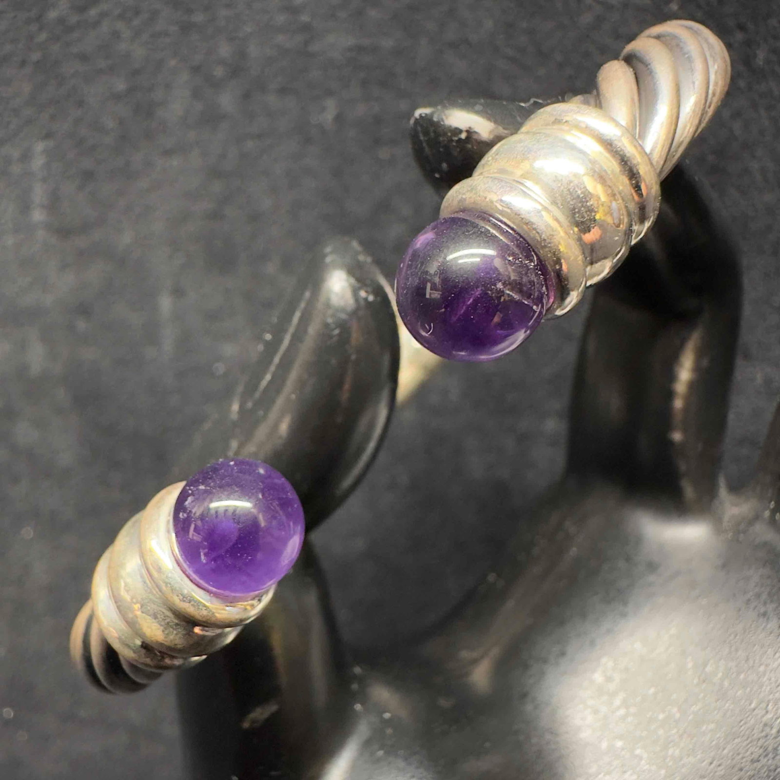 Sterling Silver Amethyst Cable Hinged Cuff Bangle Bracelet - 9