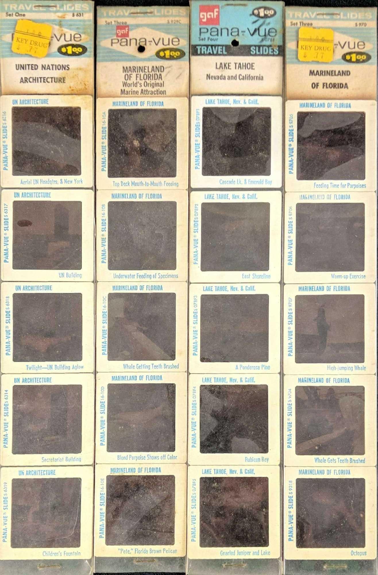 Four Vintage Pana Vue Travel Slides Marineland UN: This lot of Pana-Vue Travel Slides consists of: (1) Lake Tahoe. (2) Marineland Of Florida. Each Slide Strip is different). (1) United Nations Architecture. Slides Strips are approx 12" long