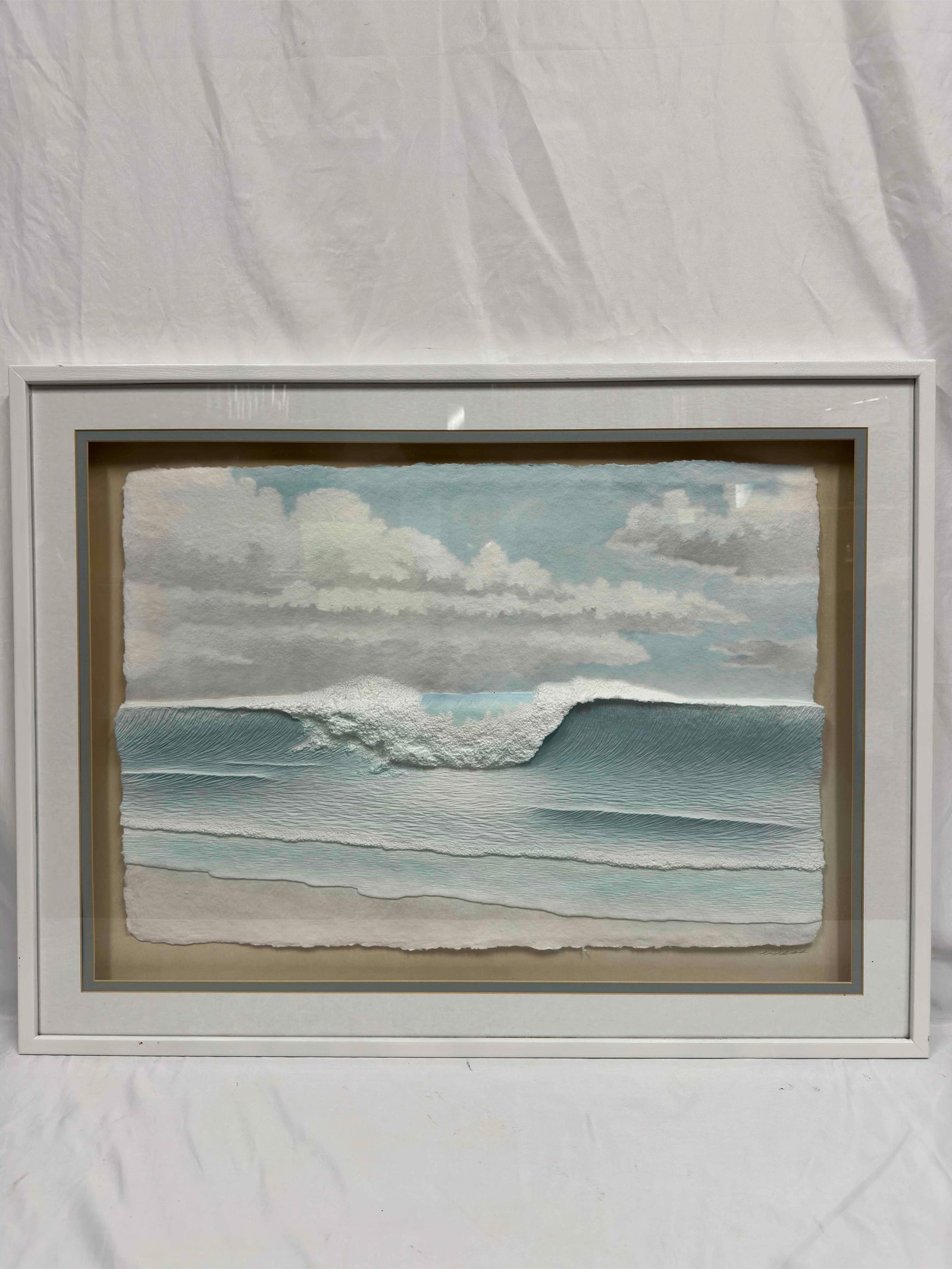 Ocean Break Blue Sea Waves and White Clouds Casting Paper Mixed Media Framed Art J: Ocean Break Blue Sea Waves and White Clouds Casting Paper Mixed Media Framed Art J. This piece features a white wooden frame with a mixed media collage of an Ocean. The landscape casting paper style