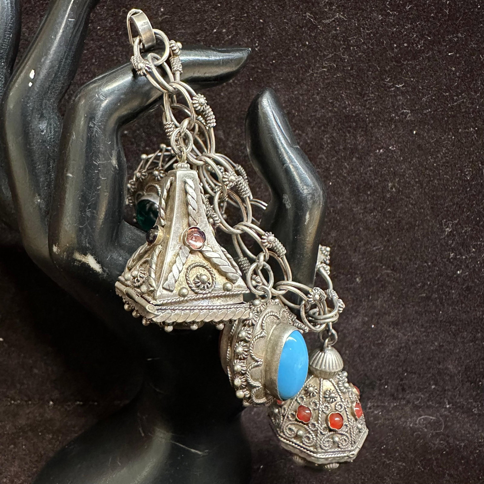 Glass and Faux Stone Ornate Fob Charm 800 Silver Bracelet O49: This item is in good pre-owned, previously used/displayed condition with noticeable light wear and surface scratches. Please reference all photos for full details. This piece of jewelry has been teste