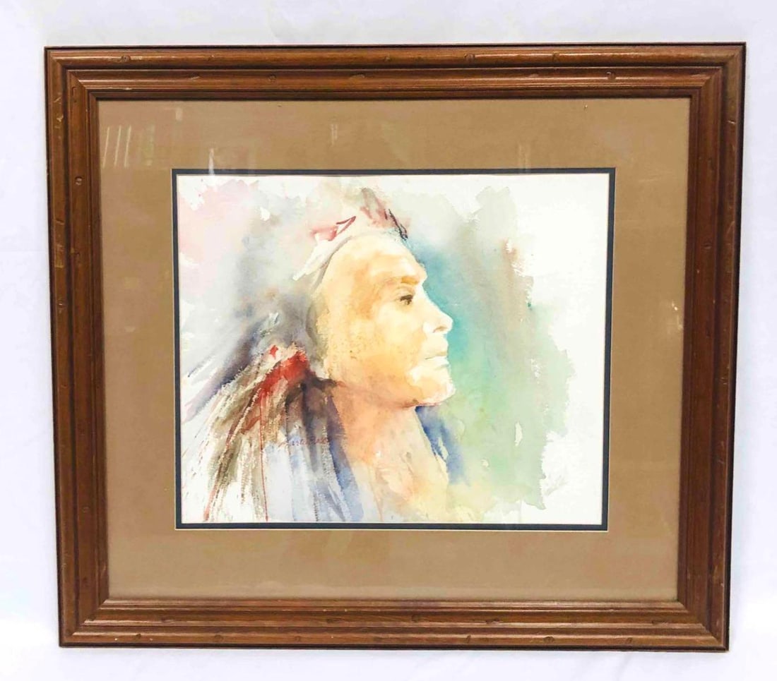 Framed Signed Watercolor Indian: This lot contains a Framed Signed Watercolor Indian. Signature reads Martu Beson. The frame is approx 24" x 27" and the artwork itself is approx 14" x 17". It weighs about 7.5lbs. 