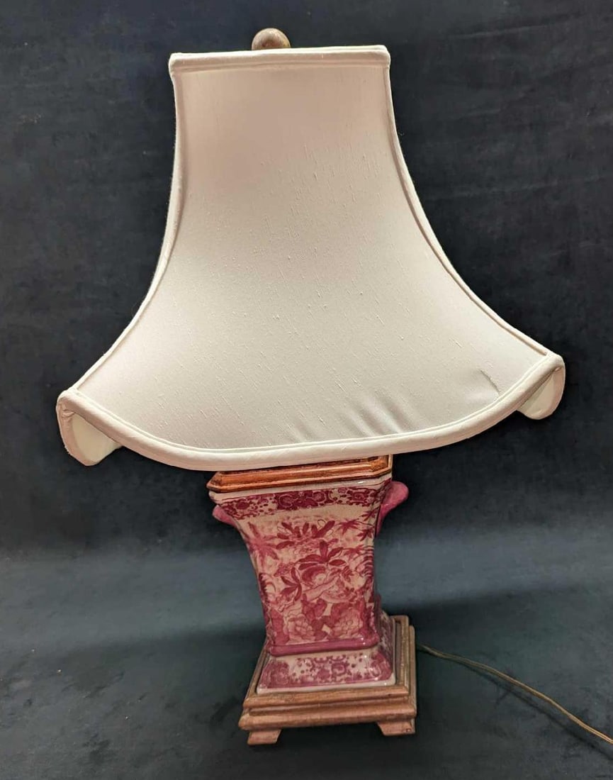 Vintage Converted Crackle Porcelain Vase Lamp: Vintage Converted Crackle Porcelain Vase Lamp. The maker and date of creation are unknown. The lamp is approx 6" x 6' x 23" and it weighs 6.22 lbs. The lampshade is 13" x 13" x 11 3/8" and it weighs 1