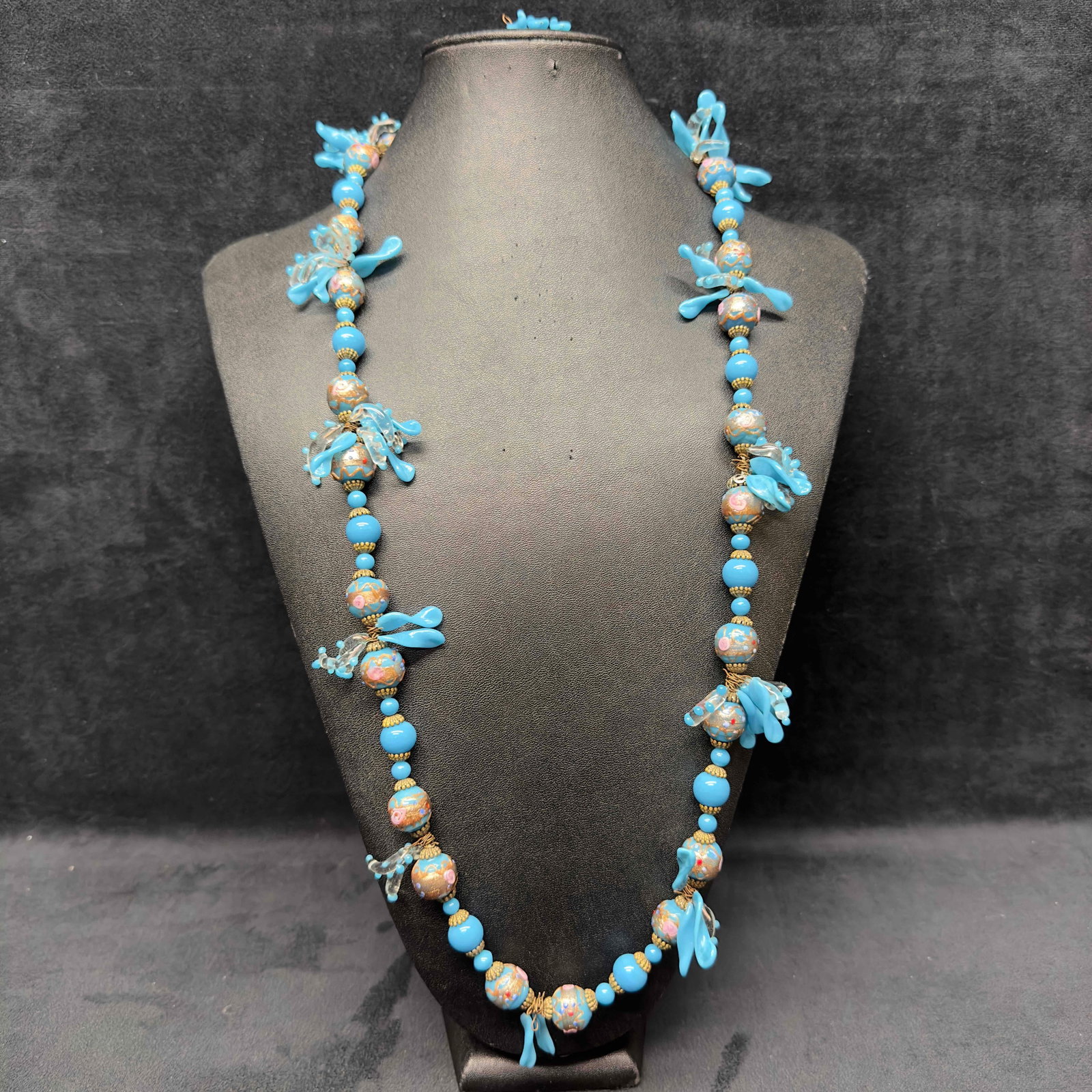 Venetian Murano Lamp Work Art Glass Clear and Sky Light Blue Leaf Bead Long Beaded Necklace D51 (1 of 11)