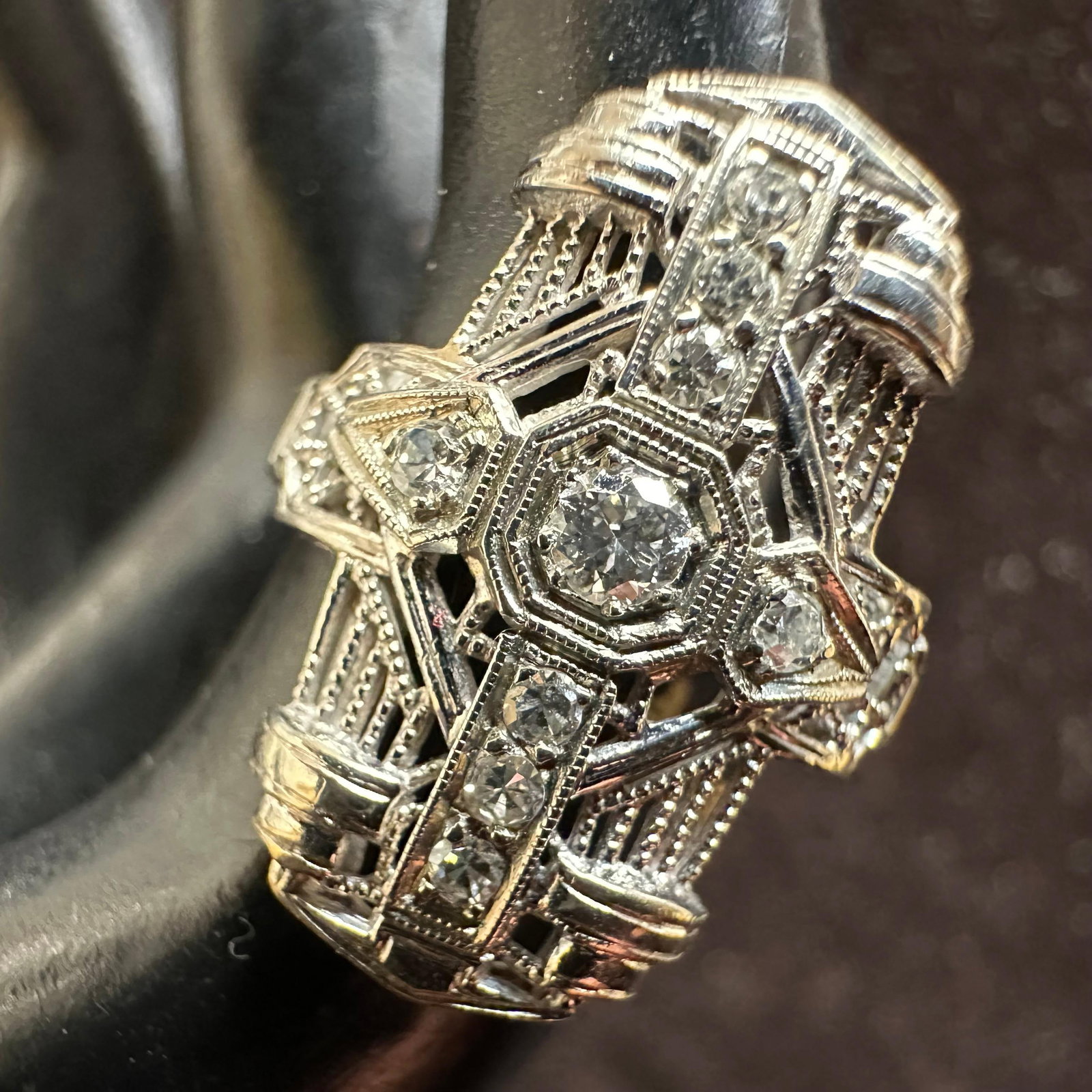 Art Deco Style Cocktail 18K Gold Diamond Ring Size 3: This item is in good pre-owned, previously used/displayed condition with noticeable light wear and surface scratches. Please reference all photos for full details. This piece of jewelry has been teste