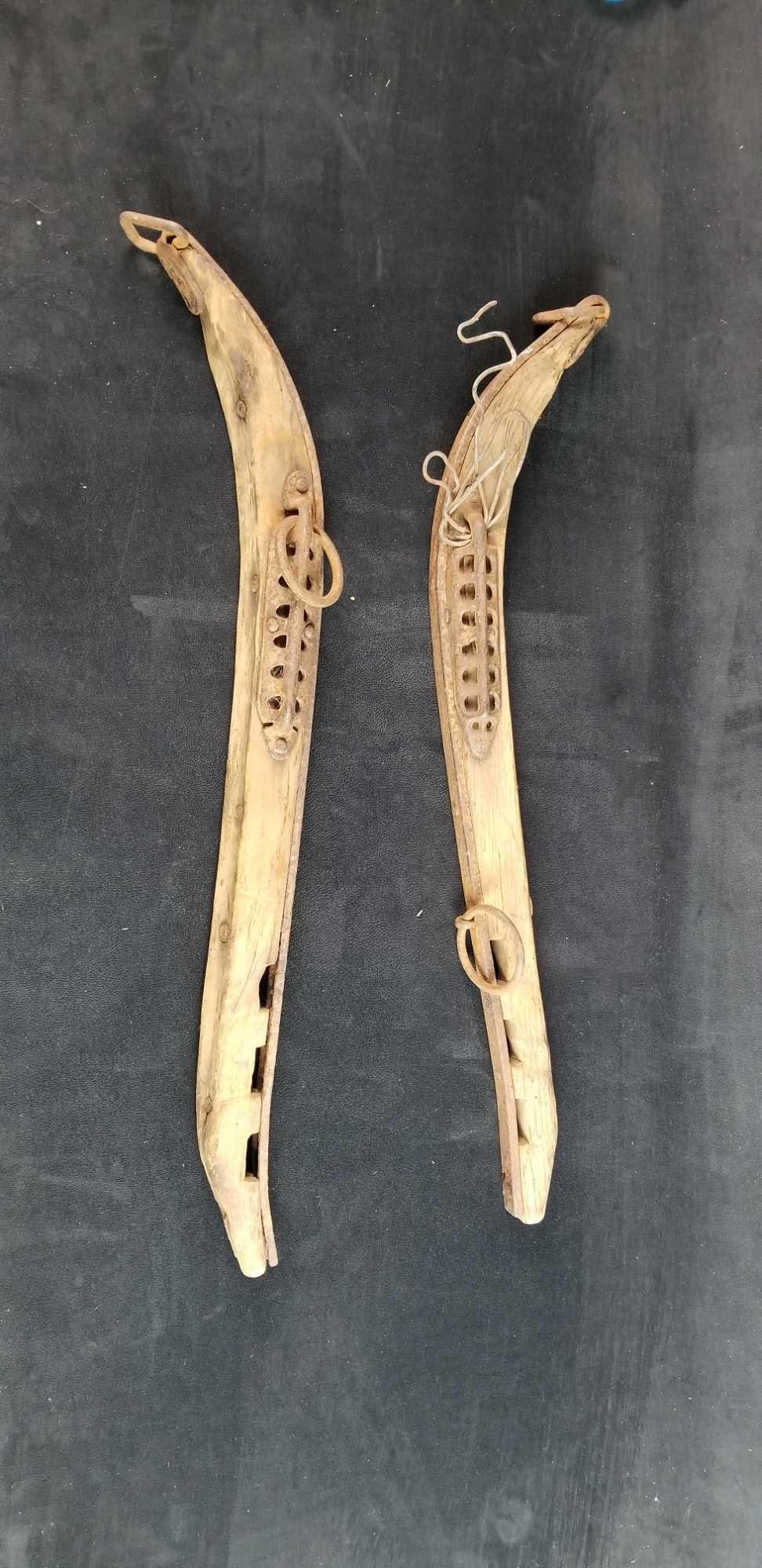 Vintage Country Rustic Yoke Harness C: This yoke harness is for a horse or farm animal. Maker and date is unknown. It is a wooden base with metal attachments. Certainly would make a great wall mount for those who re-purpose out there. In g