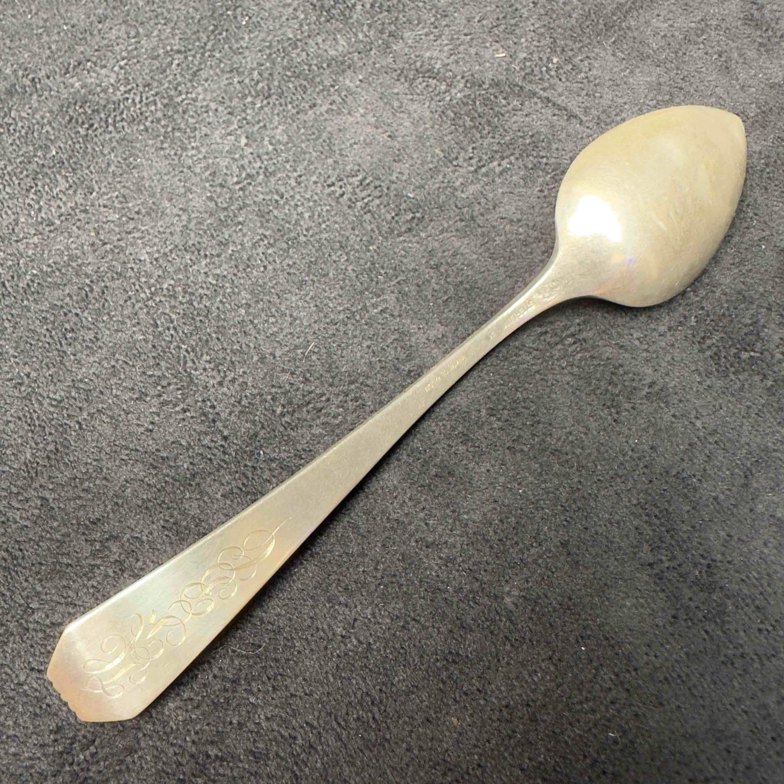 Flat Handle Butter Spreader Chantilly Sterling Silver Grapefruit Tea Spoon Monogram: WM Wise & Son Sterling Silver Grapefruit Tea Spoon Monogram. Engraved monogram lettering FL on the front and HFBC on the back of the piece. Beautiful striking detail from WM Wise and Son with