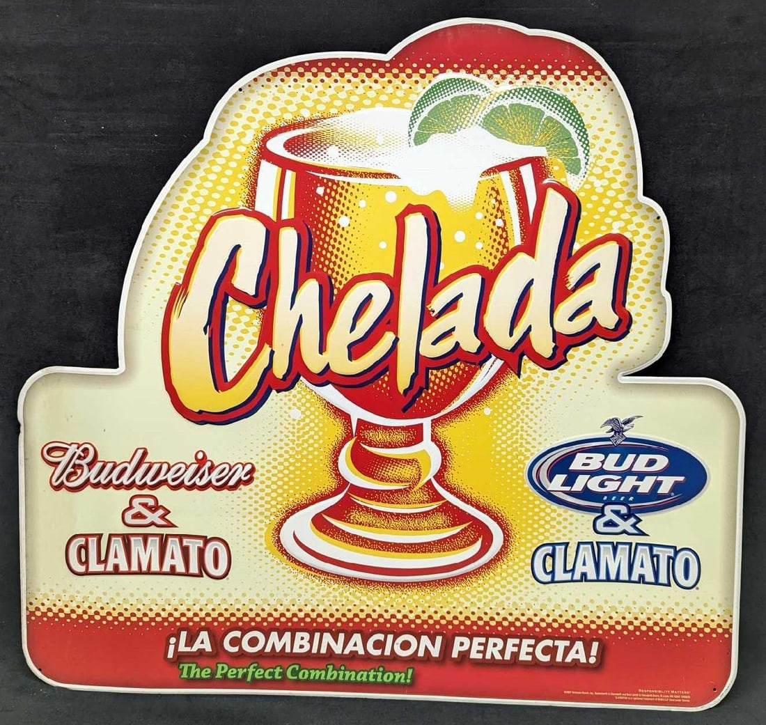 Metal Chelada Bud Light Sign: Metal Chelada Bud Light Sign. This is approx 31" x 28 3/4" and it weighs 1.70lb.This was released in 2007. The sign has some light dents on the left side. Please see the images as they are part o