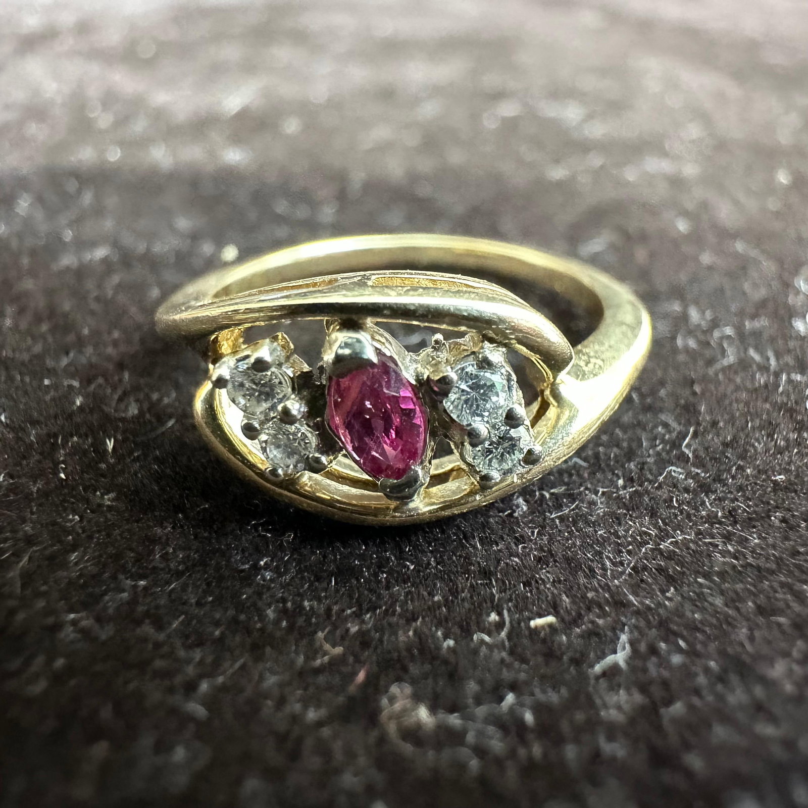 Ruby and Four Moissanite Diamond 14K Gold Ring: This item is in good pre-owned, previously used/displayed condition with noticeable light wear and surface scratches. Please reference all photos for full details. This piece of jewelry has been teste
