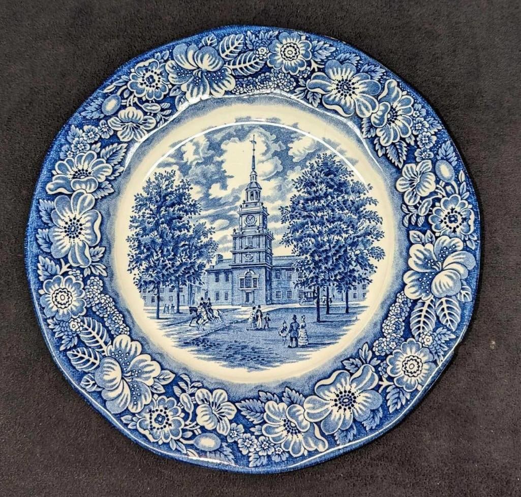 Vintage Liberty Blue Independence Hall Ironstone Plate: Vintage Liberty Blue Independence Hall Ironstone Plate. The plate is approx 9 3/4" x 9 3/4" x 3/4" and it weighs 1.18lb. The plate has a small chip on the bottom right of the rim. Please see the image