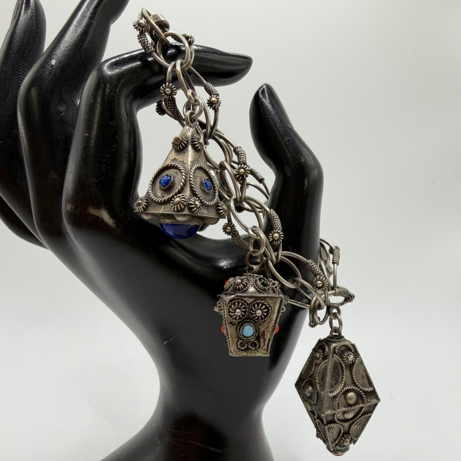 Glass Faux Stone Cabochons 800 Silver Bracelet Five Charms ER57: This item is in pre-owned, previously used/displayed condition with noticeable light wear and surface scratches. Please reference all photos for full details. This piece of jewelry has been carefully 
