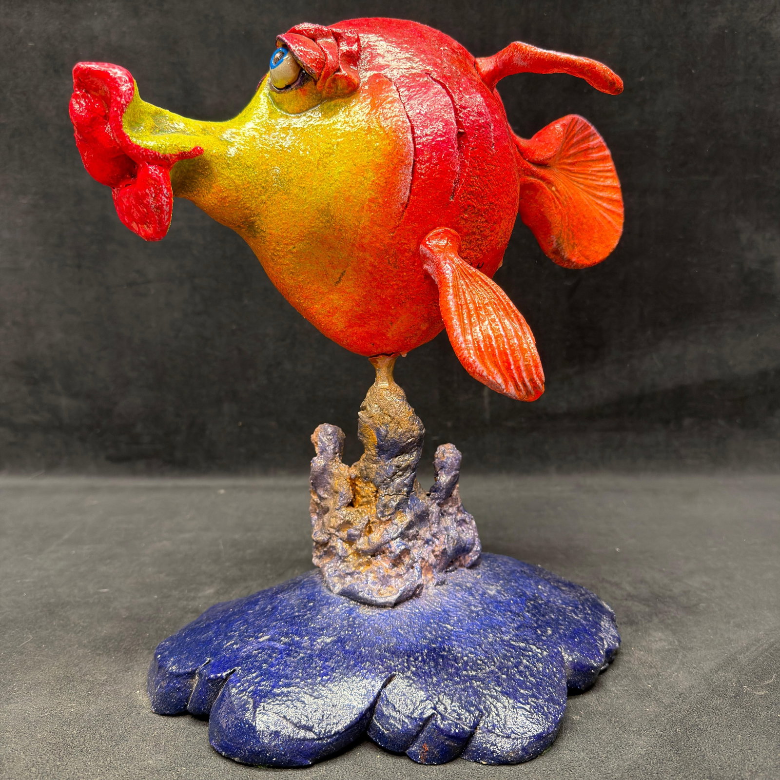 Steven Lee Smeltzer Signed Whimsical Stoneware Tropical Fish Sculpture: Artist signed one-of-a-kind unique whimsical tropical style fish sculpture by Steven Lee Smeltzer, known for his colorful, Dr. Seuss-inspired ceramic creations. Handcrafted in high-fire stoneware with