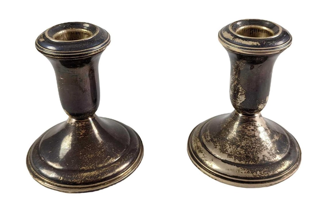 2 Vintage Lord Silver Weighted Sterling Candlestick Holders: 2 Vintage Lord Silver Weighted Sterling Candlestick Holders. Each is approx 3" x 3" x 3 1/2" and together they weigh 0.86lb. Each candlestick holder is in a good, vintage condition with surface