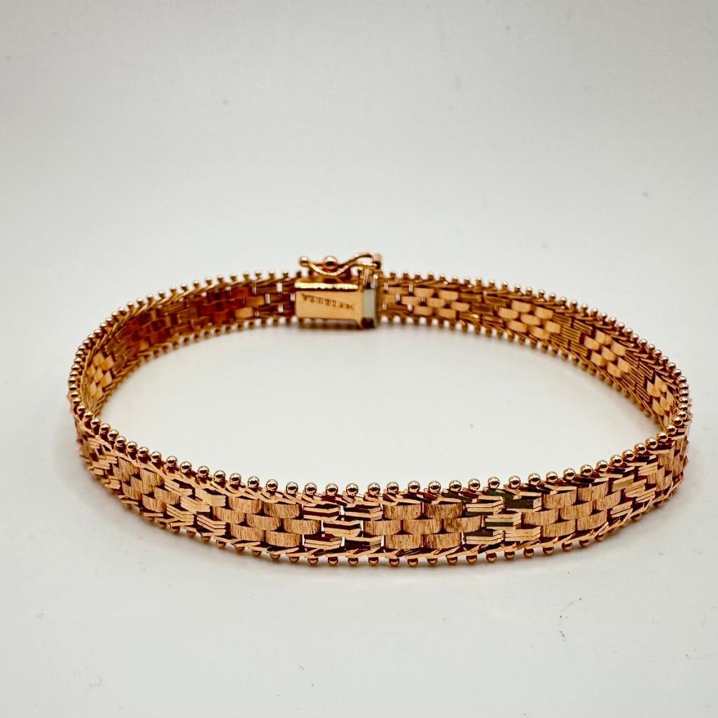 14k Rose Gold Weave Link Bracelet: This piece of jewelry has been tested and researched prior to listing. Please view all our pictures they are part of our description. DETAILS: Metal - 14k Gold Color - Rose Gold Stones - none