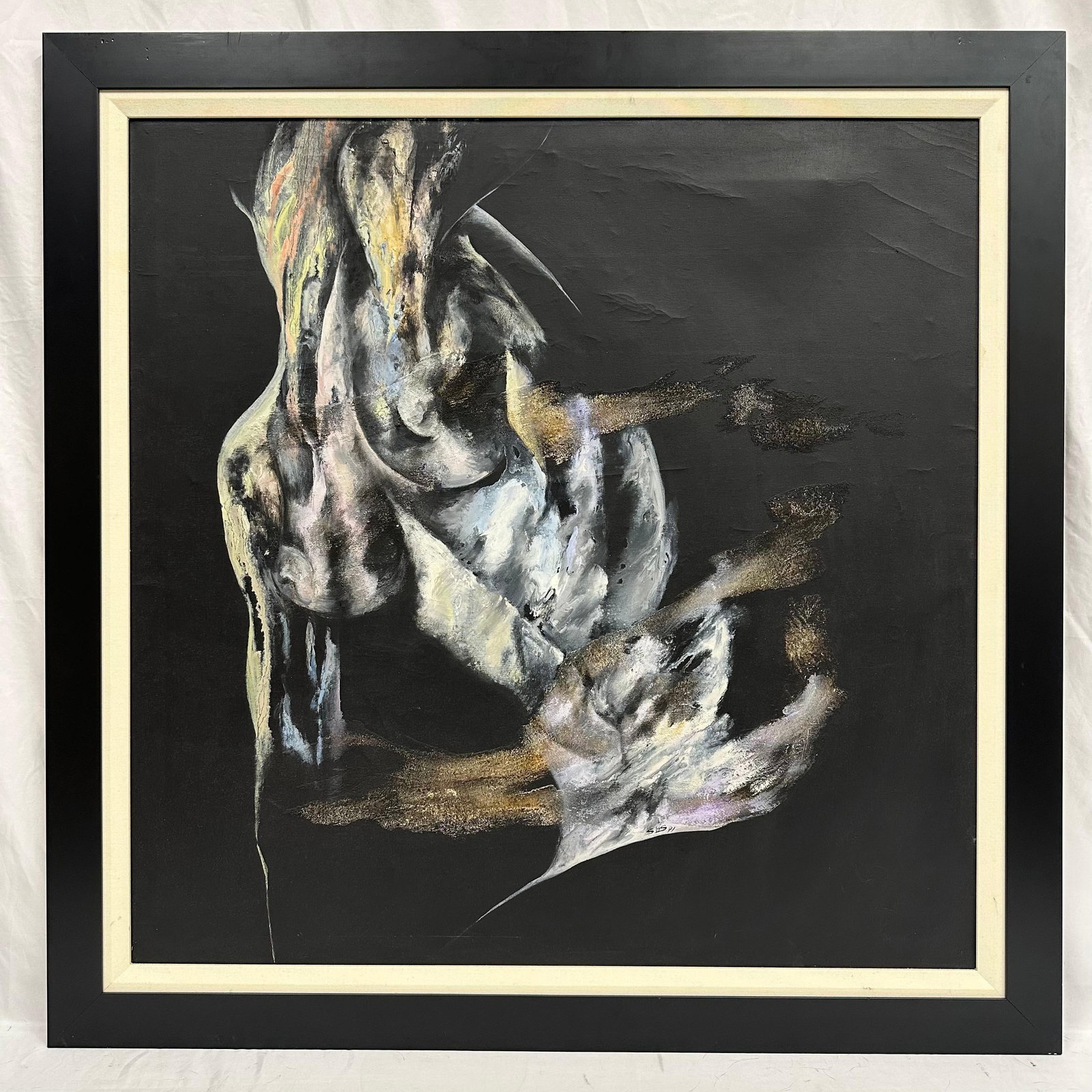 Abstract Figurative Mixed Media Painting Signed and Dated 1991: Original abstract figurative mixed media painting on canvas, depicting an expressive human form rendered in layered gray scale tones with subtle metallic gold accents against a dark ground. The work f