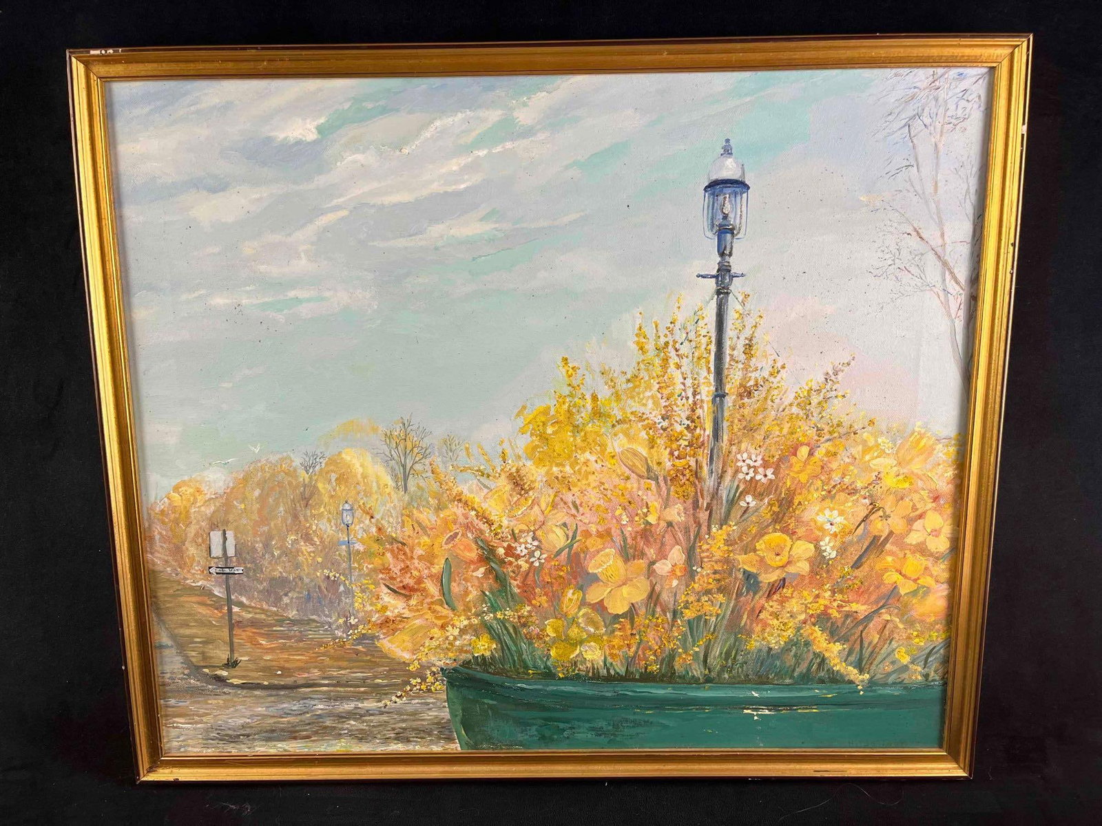 Framed Acrylic Painting Yellow Flowers Hilda Cook: Framed Acrylic Painting Yellow Flowers Hilda Cook This is an acrylic painting of a nice spring day with yellow flowers. The painting is an original by artist Hilda Cook signed on the bottom right of t