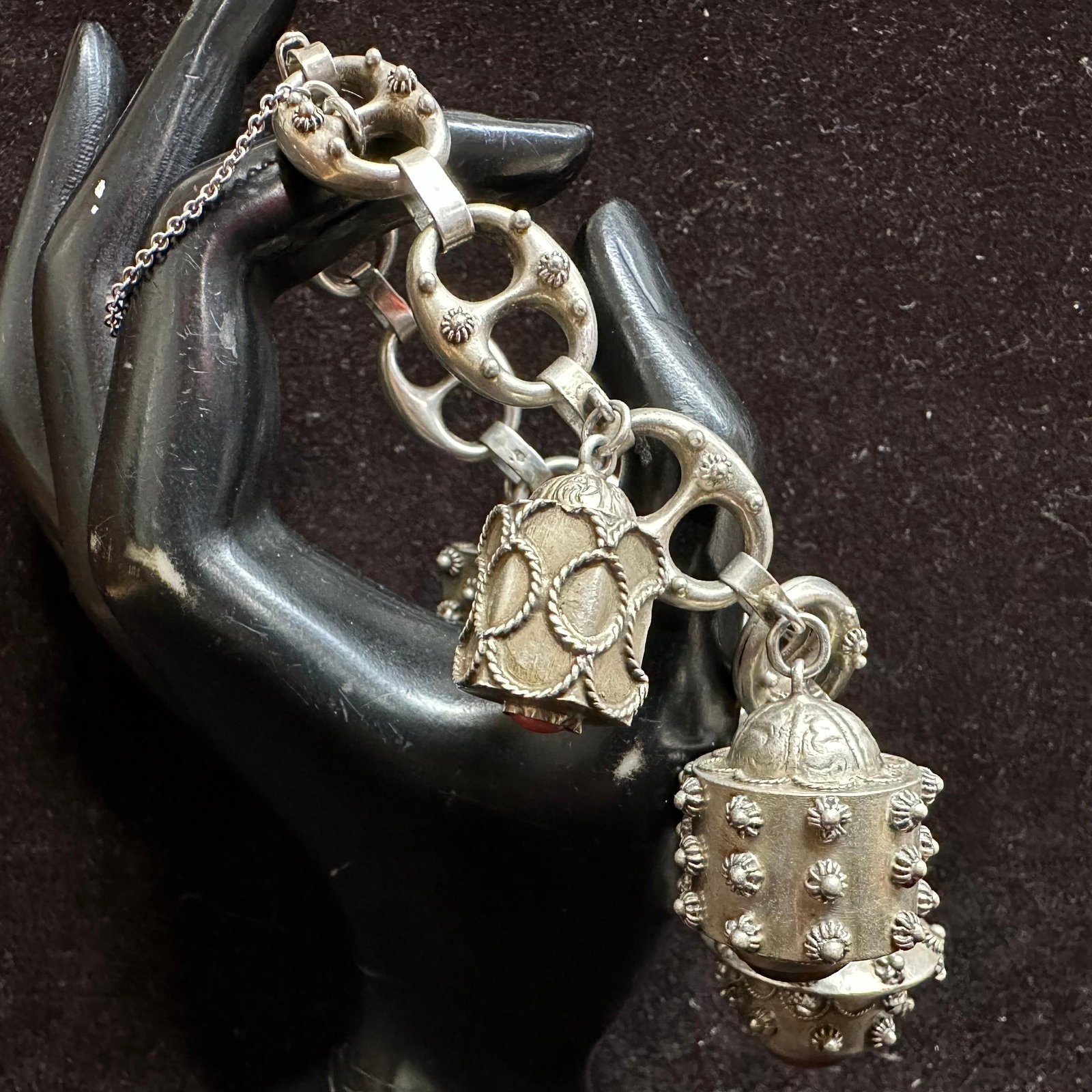 800 Silver Charm Puff Mariner Chain Style Bracelet Five Stone Charms Q52 (1 of 9)