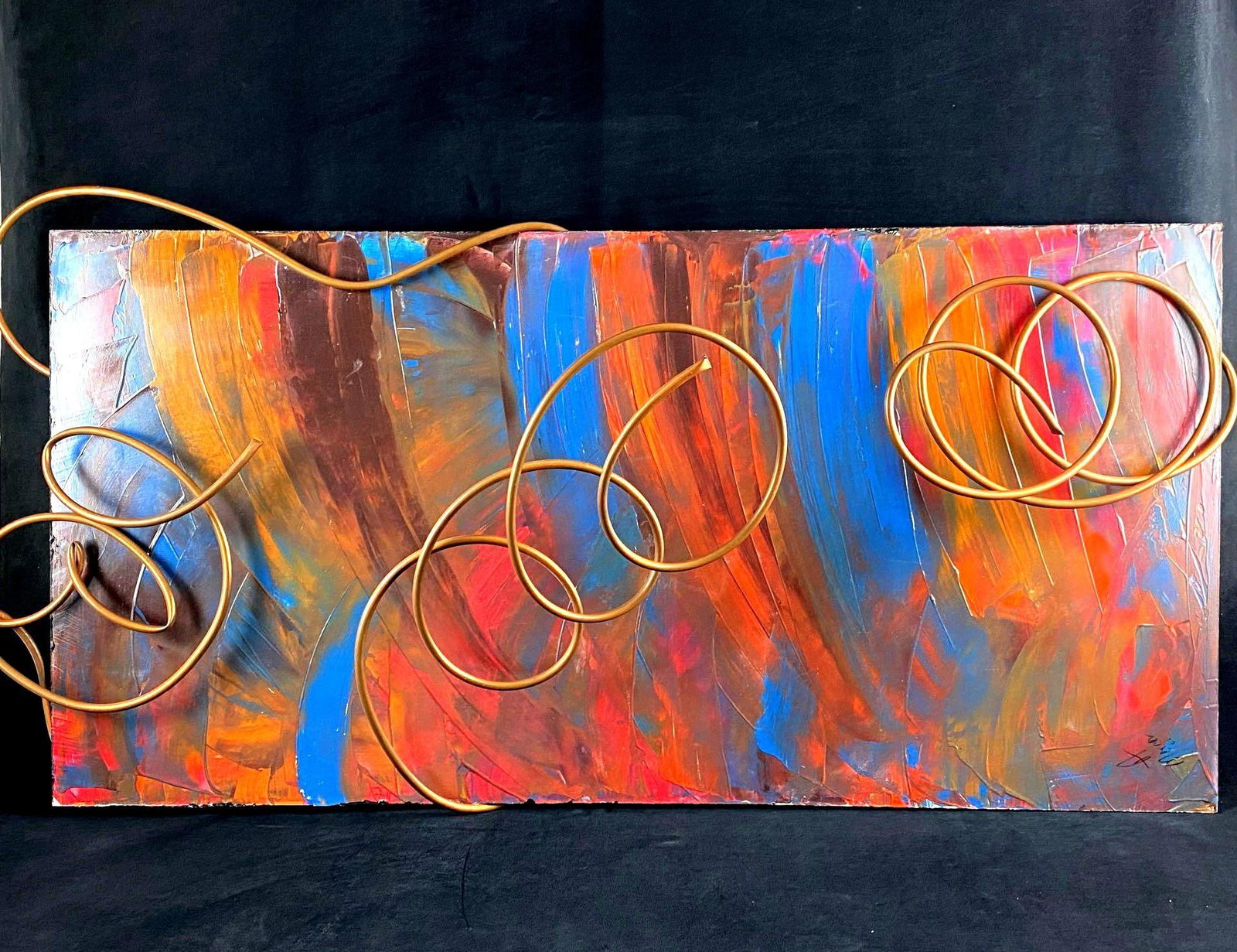 Original Signed A. Mercel Modern Abstract Multi Media Painting: Original A.Mercel Modern Abstract Multi Media Painting . This Colorful painting on canvas bored with copper tubing intertwined is in very good condition. Measurements as follows : 48" x 24" 3.5 