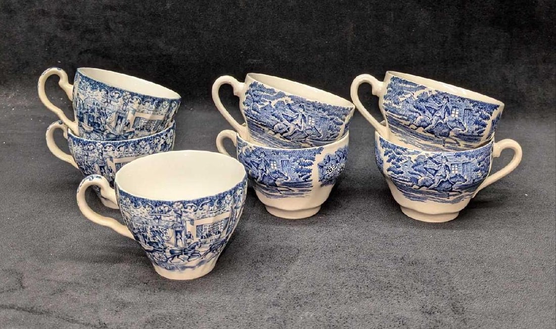 7 Vintage Liberty Blue Coaching Scenes China Flat Cups: 7 Vintage Liberty Blue Coaching Scenes China Flat Cups. This lot includes: (3) Johnson Brothers Coaching Scenes Blue & White Flat Cups. Each is approx 4 1/2" x 3 1/2" x 2 1/2". The