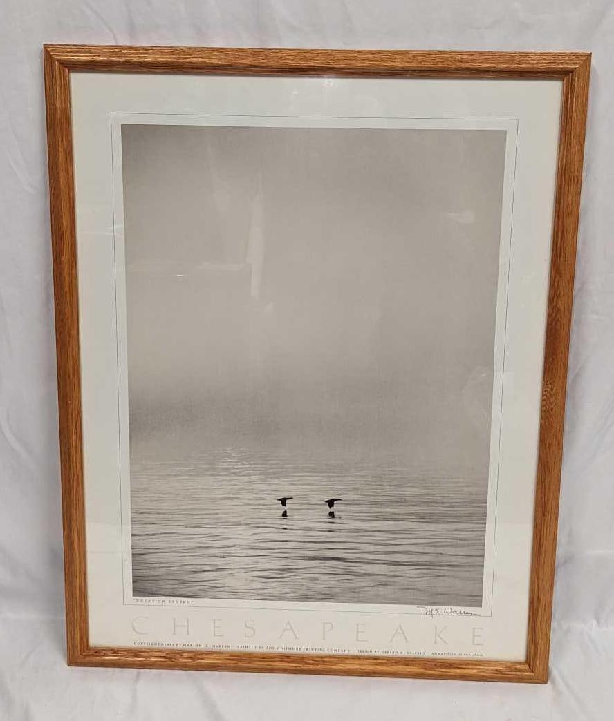 M. E. Warren Ducks on Severn Framed Print: M. E. Warren Ducks on Severn Framed Print. Please note, the print's signature is part of the print and not an original. The framed print is approx 21 1/2" x 1" x 27 1/2" and it w
