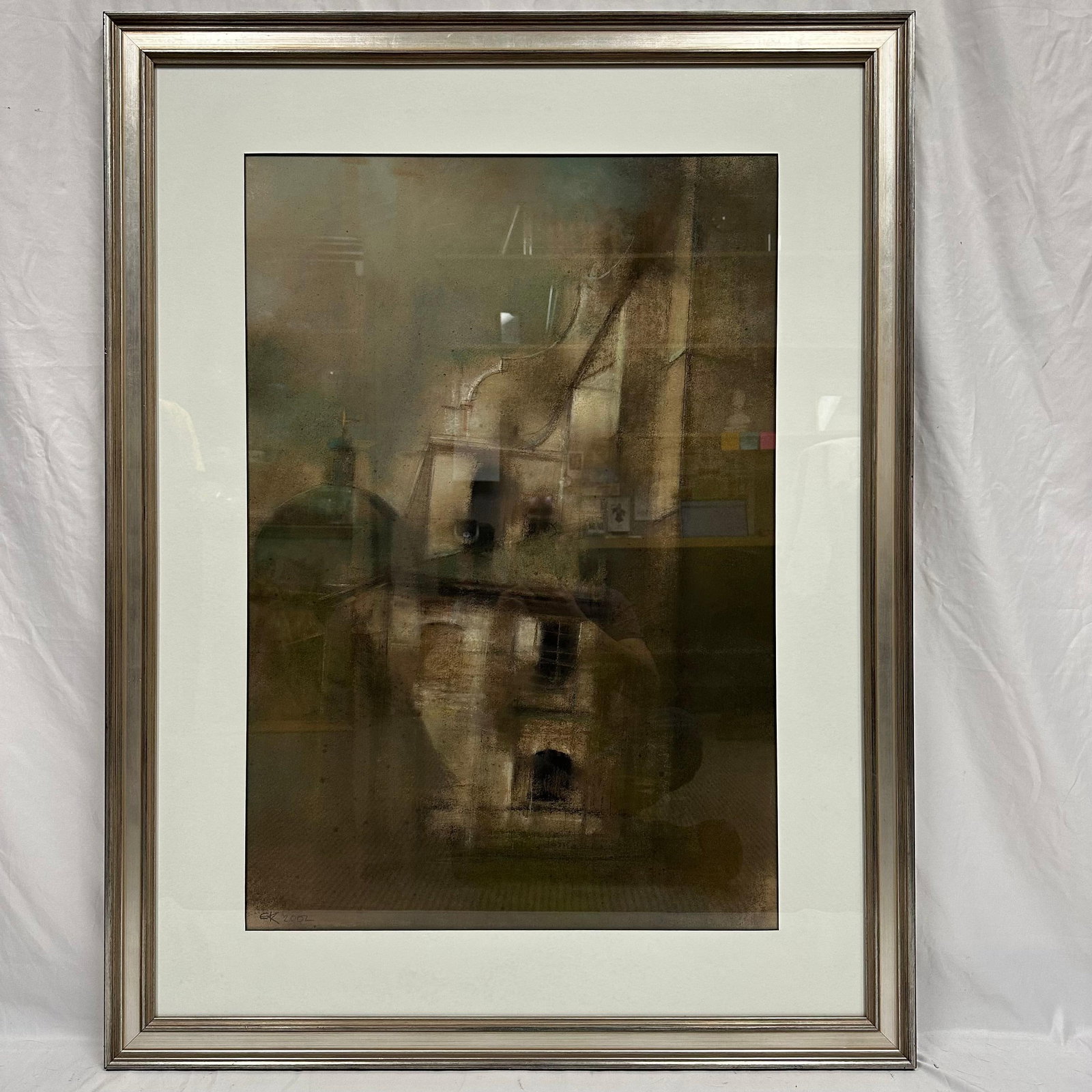 Framed Architectural Abstract Mixed Media Artwork Signed Dated: Framed abstract mixed media artwork featuring a layered architectural composition with muted earth tones and atmospheric textures. The work appears to depict a stylized building facade rendered throug