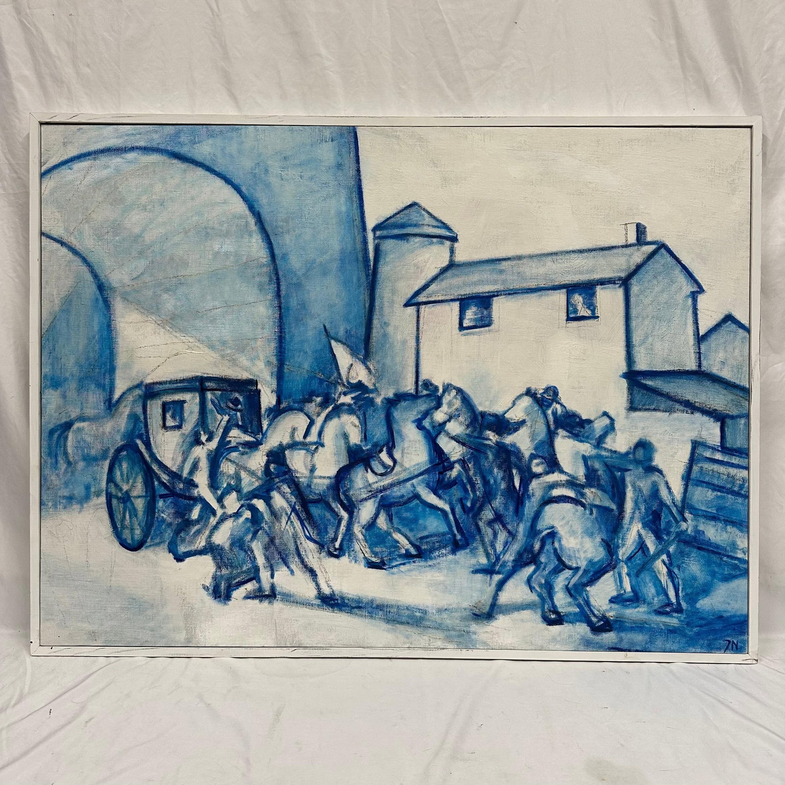Large Blue Tonalist Figurative Scene Painting Signed Archway Struggle Style: Large original painting depicting a dynamic figurative scene with horses, figures, and architectural elements rendered in blue tonal hues. Executed in an expressive, sketch-like style with strong move