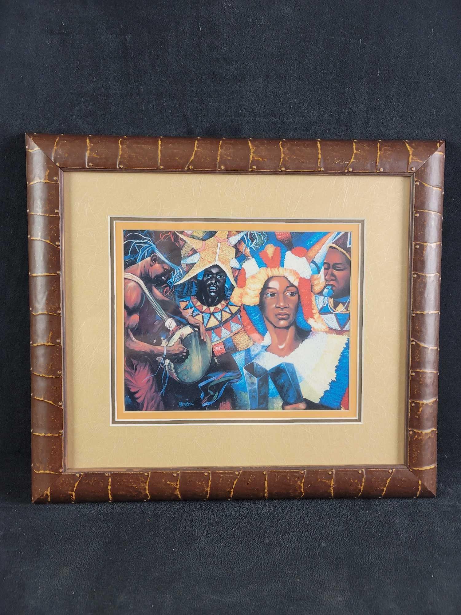 Rensol Print JB: This print is vibrant with colors and dance. Resol's estate signature bottom left side. Set in a wood-like frame. It is in good condition. There is no damage to the artwork. Approx. measures 17" x
