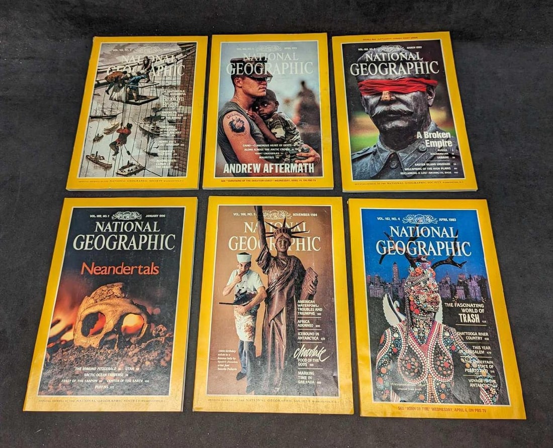6 1980s 1990s National Geographic Magazines Y: 6 1980s 1990s National Geographic Magazines Y. This lot includes: (1) April 1993 - Andrew Aftermath. (1) May 1983 - A Century Old, The Wonderful Brooklyn Bridge. (1) March 1993 - A Broken Empire. (1)