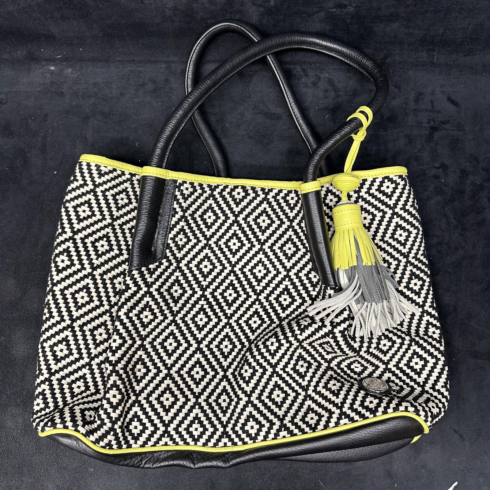 Vince Camuto Woven Tote Handbag Black and White with Light Green Trim (1 of 7)
