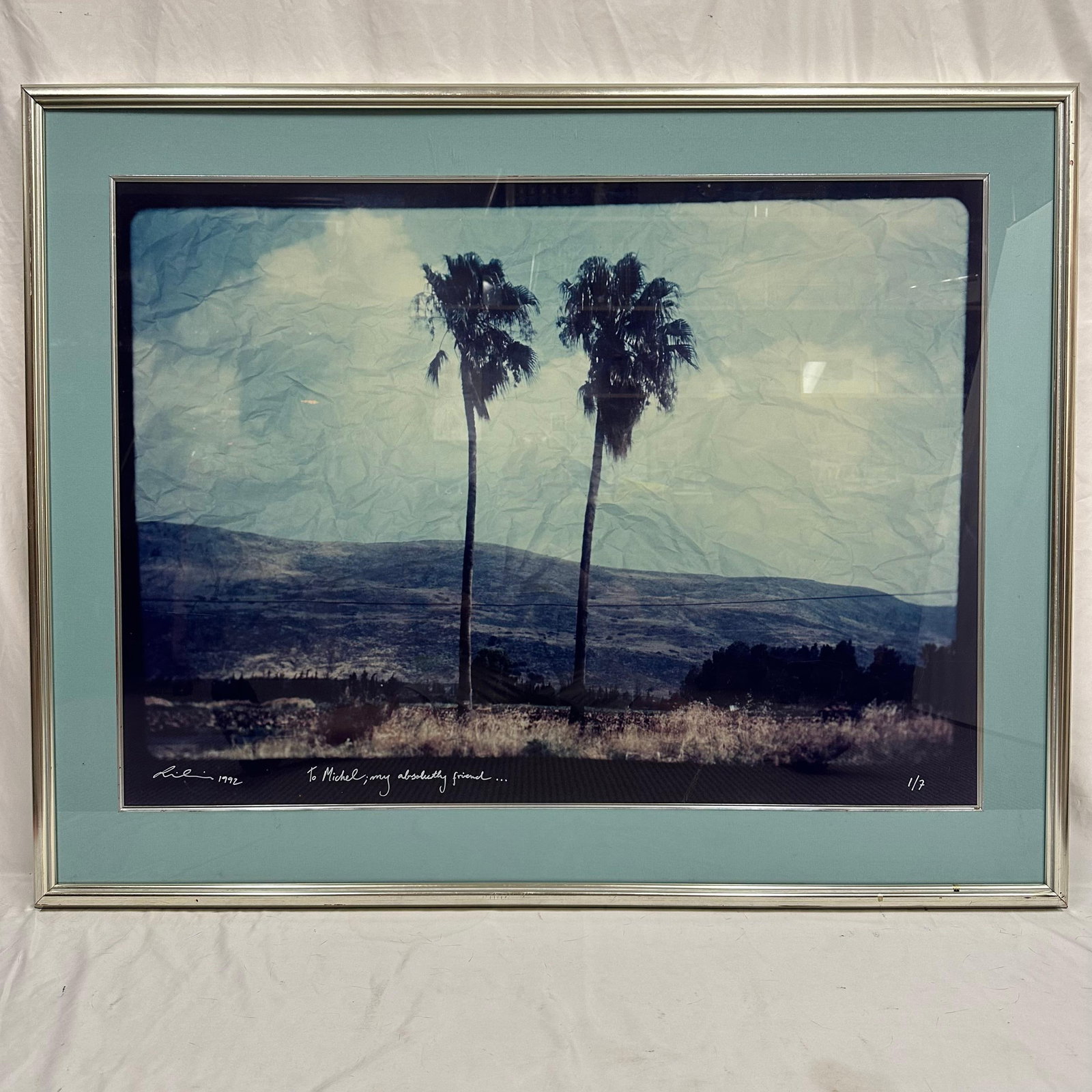 Photograph of Palm Trees Limited Edition 1/7 Signed Inscribed 1992 Framed: Limited edition color photograph depicting two palm trees in a landscape setting, dated 1992. The photograph is hand signed and dated 1992 in white ink at lower left, personally inscribed To Mich