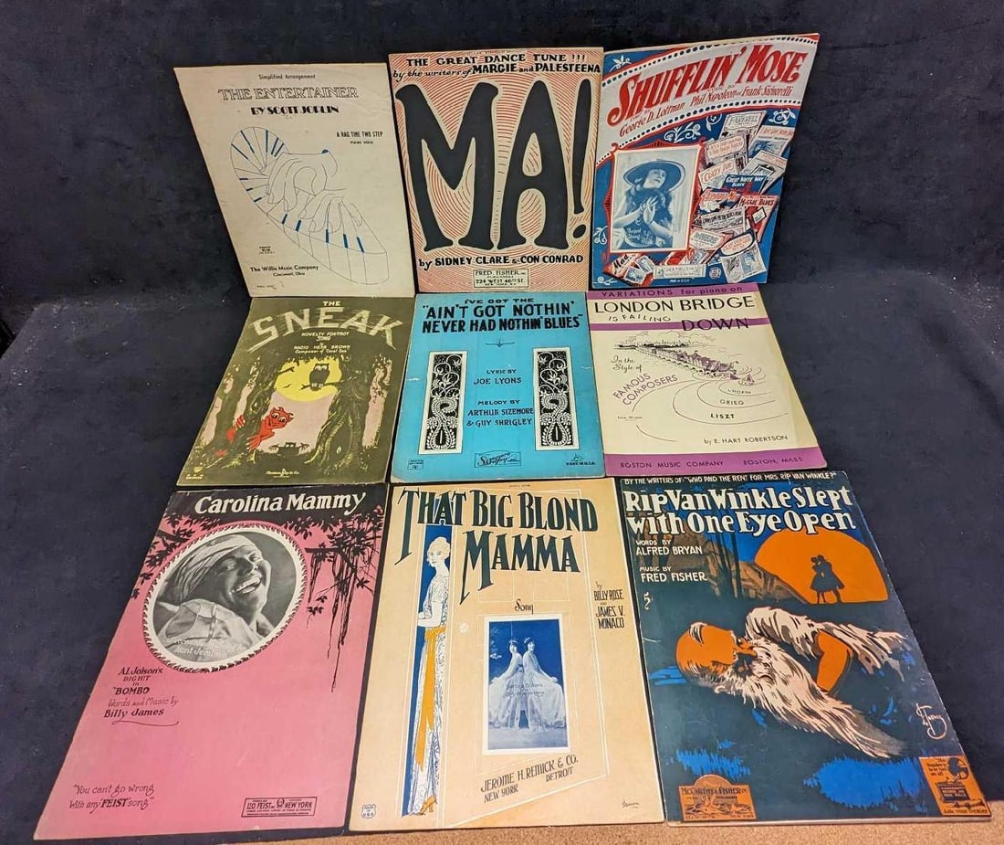 9 Vintage Novelty And Classic Song Sheet Music: This lot includes: (1) Shufflin' Mose. This was copyrighted in 1923. (1) MA! The Great Dance Tune. This was copyrighted in 1921. (1) The Entertainer. This was copyrighted