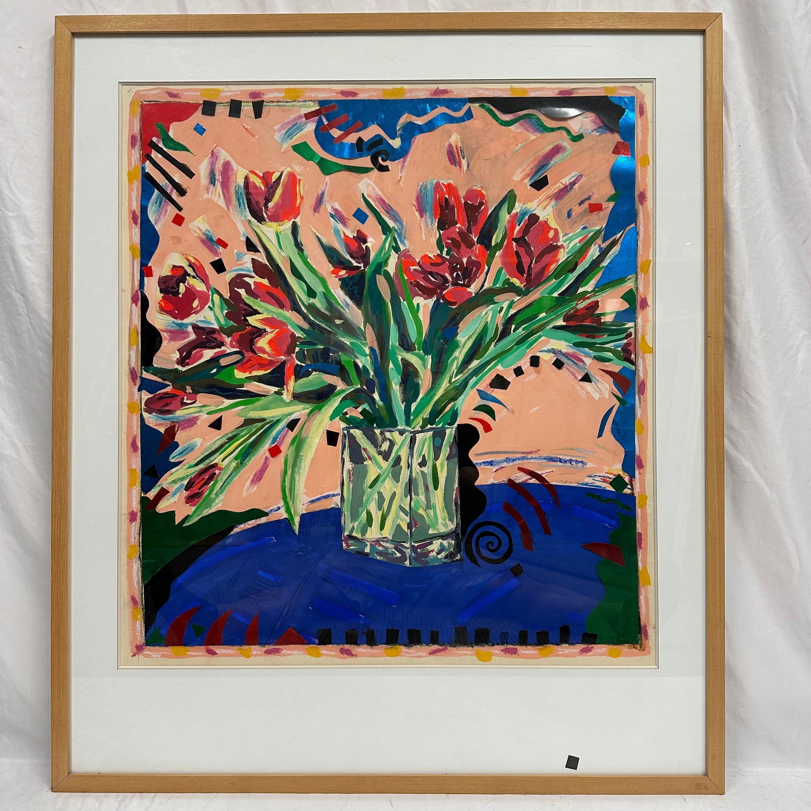 Framed Abstract Floral Mixed Media Artwork Signed Unknown Artist: Colorful abstract floral composition depicting a flower bouquet in a glass vase, rendered in bold brushwork with layered shapes and vibrant tones. Appears to be mixed media on paper. Signed lower righ