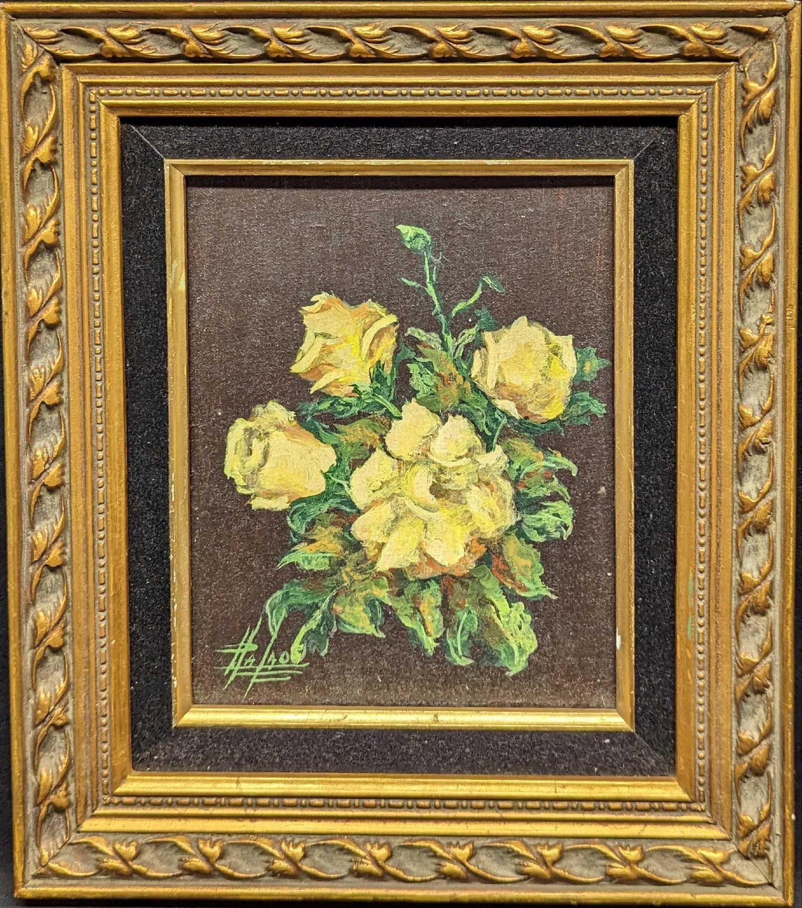 Framed Floral Original Faye Palao Oil On Board: Framed Floral Original Faye Palao Oil On Board. This original is approx 13 1/4" x 1" x 15 1/4" and it weighs 1.26lb. The panel is approx 10" x 12". The framed original has chips on the frame and white