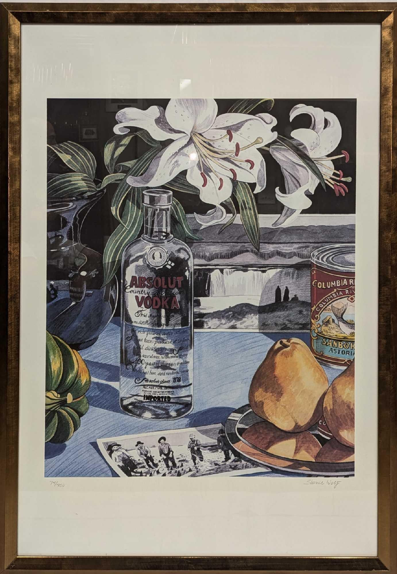 S&N Absolut Statehood: Oregon Sherrie Wolf Print: S&N Absolut Statehood: Oregon Sherrie Wolf Print. This lithograph is #74 out of #400. This framed print is approx 28 1/2" x 3/4" x 41" and it weighs 11.40lbs. The frame has small