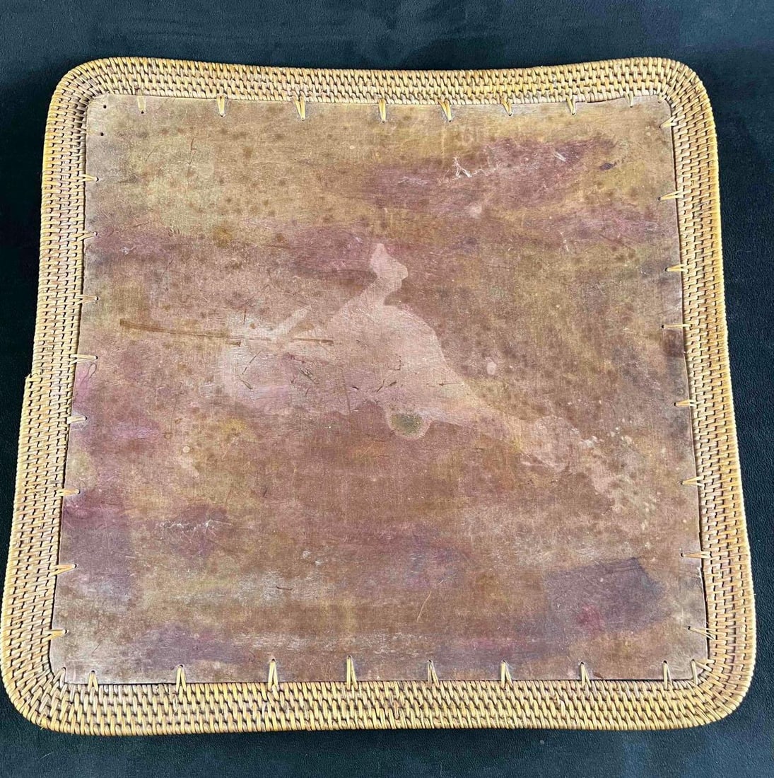 Vintage Handmade Wicker and Wooden Tray: Vintage Handmade Wicker and Wooden Tray This is a wooden tray with a wicker frame around it. This is a vintage handmade tray that is masterfully woven. The item has some vintage damage such as scratch