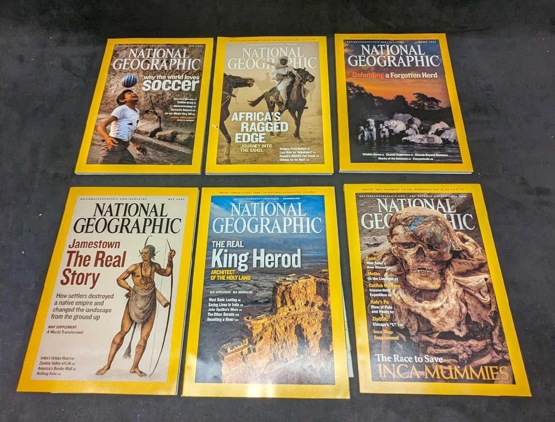 6 Year 2000s Geographic Magazines: 6 Year 2000s Geographic Magazines . This lot includes: (1) December 2008 - The Real King Herod. (1) May 2007 - Jamestown The Real Story. (1) May 2002 - The Race To Save Mummies. (1) June 2006 - Why