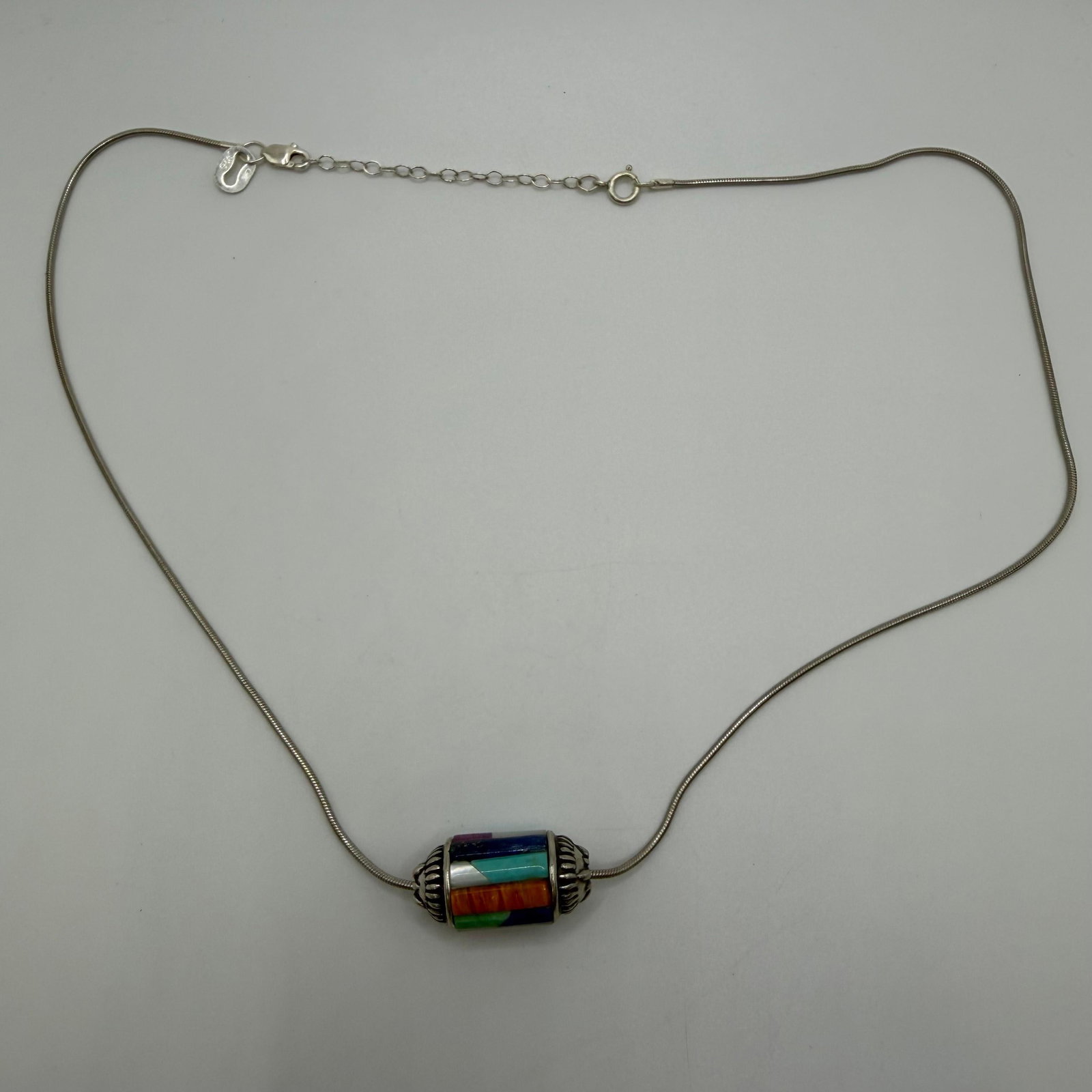 Relios Carolyn Pollack Multi Stone Inlay Barrel Sterling Pendant Necklace: These items are in good pre-owned, previously used/displayed condition with noticeable light wear and surface scratches. Please reference all photos for full details. These pieces of jewelry have