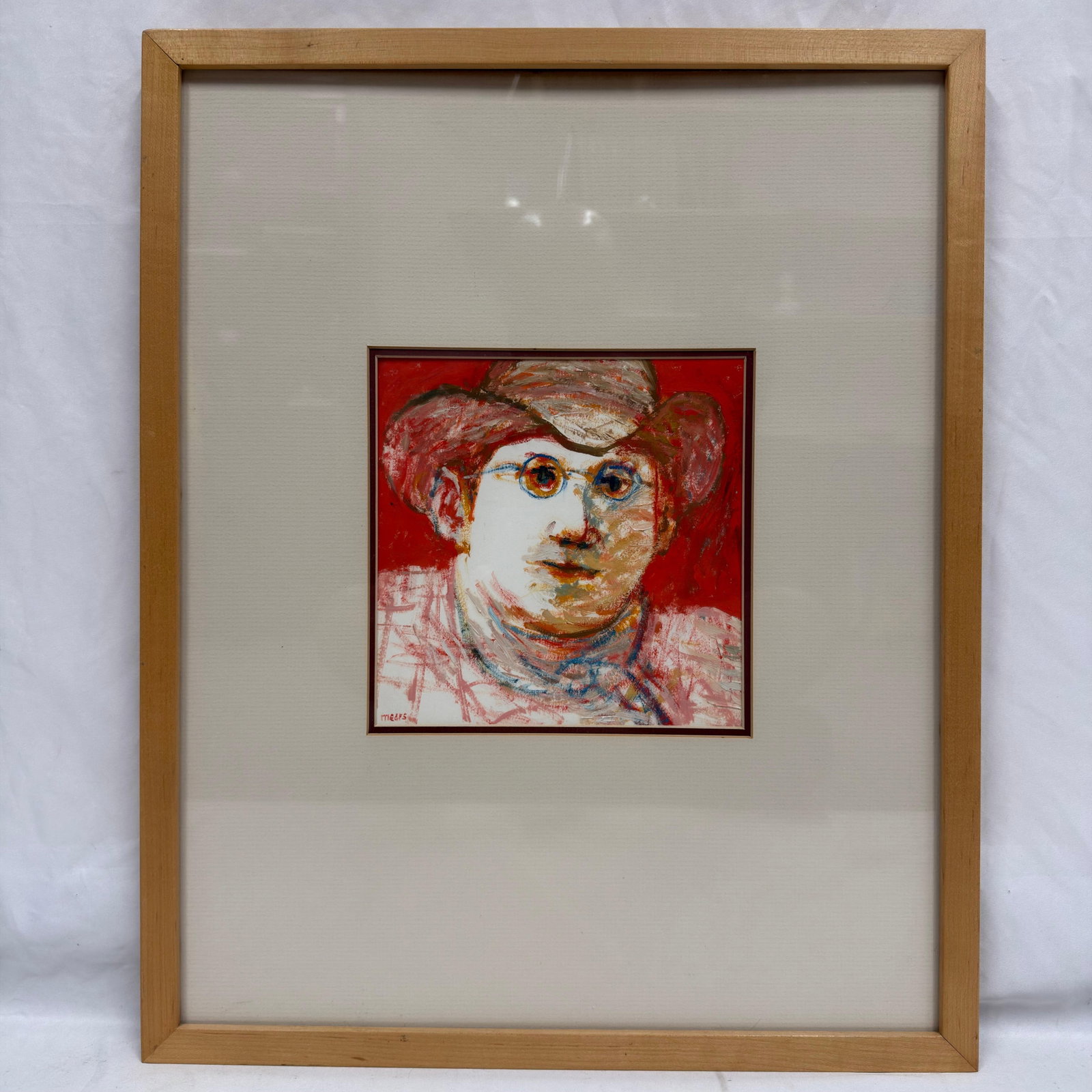 Self Portrait Man with Hat Framed Art Mixed Media Painting HM30 Wrangler: Original mixed media portrait painting depicting a figure wearing round glasses and a hat against a vivid red background. Signed by the artist in the lower left and titled "HM30